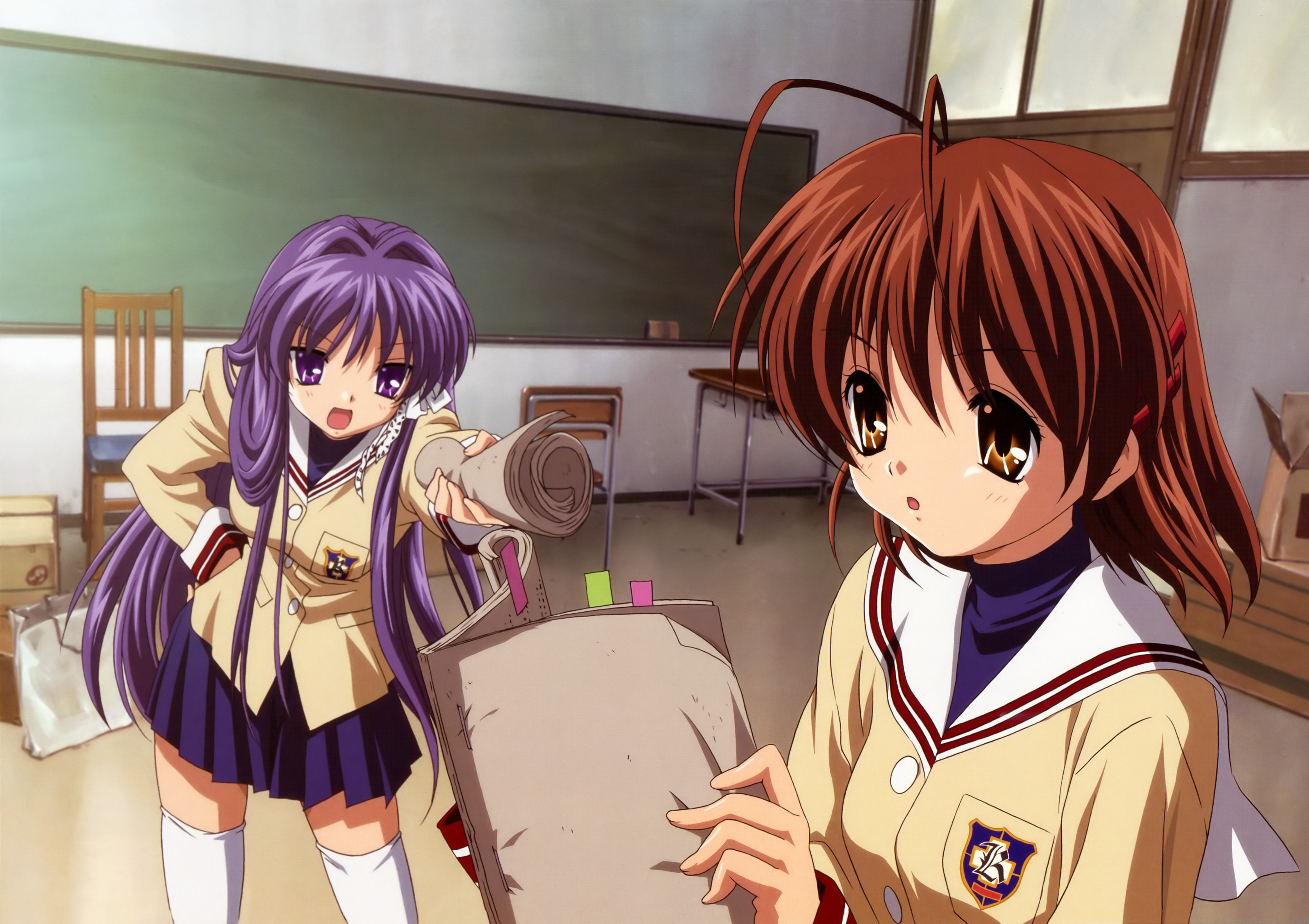 fujibayashi kyou, furukawa nagisa, clannad, absurdres, highres, non-web source, 00s, 2girls, antenna hair, brown eyes, brown hair, hand on own hip, holding, holding paper, long hair, multiple girls, paper, purple eyes, purple hair, school uniform, script, serafuku, short hair, thighhighs, very long hair