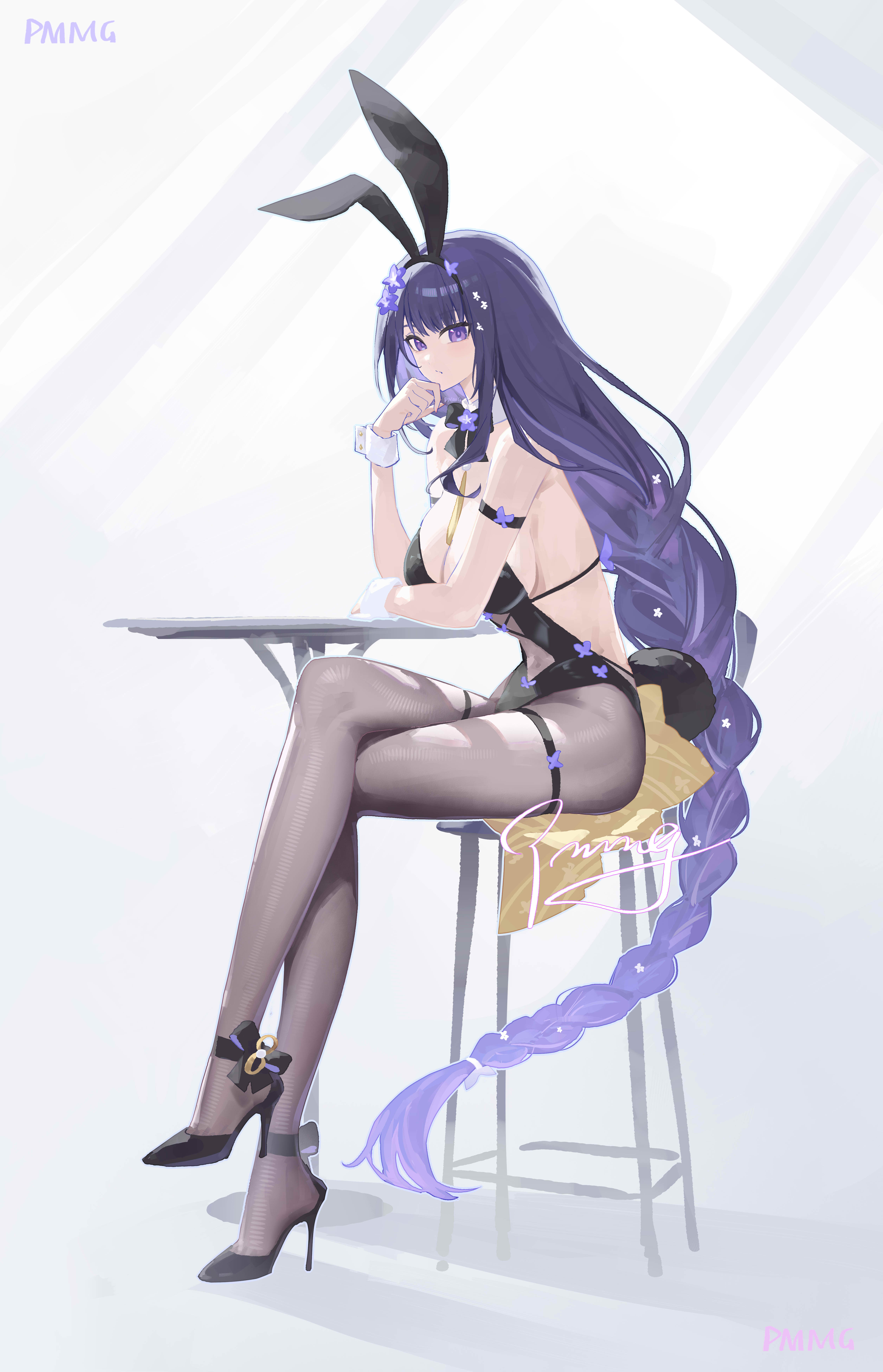 pmmg, raiden shogun, genshin impact, absurdres, commentary request, highres, 1girl, alternate costume, animal ear hairband, animal ears, arm strap, bare shoulders, black leotard, black pantyhose, black shoes, braid, breasts, cleavage, crossed legs, fake animal ears, flower, from side, full body, hair flower, hair ornament, hairband, hand up, high heels, large breasts, leotard, light blush, long hair, looking at viewer, looking to the side, low-braided long hair, low-tied long hair, pantyhose, playboy bunny, purple eyes, purple flower, purple hair, rabbit ear hairband, rabbit ears, shoes, signature, sitting, solo, table, thigh strap, very long hair, white wrist cuffs, wrist cuffs