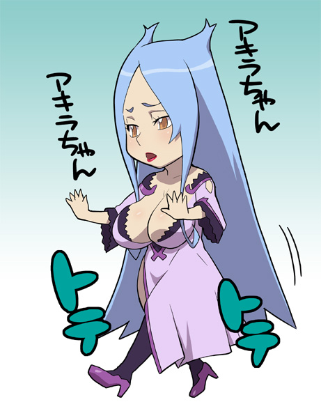 tetrodotoxin, machina (dragonaut), dragonaut, translation request, 00s, blue hair, breasts, brown eyes, chibi, cleavage, high heels, large breasts, lipstick, long hair, makeup, red lips, solo