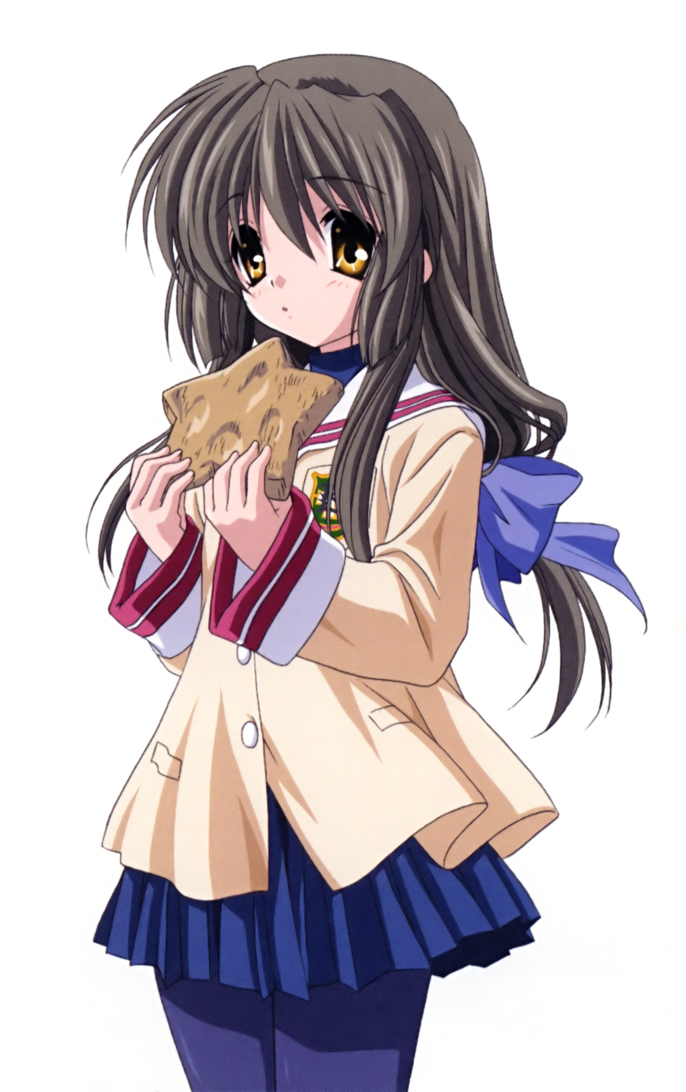 ibuki fuuko, clannad, highres, non-web source, 00s, 1girl, bow, brown eyes, brown hair, female focus, latex, long hair, pantyhose, ribbon, school uniform, serafuku, simple background, solo, standing, starfish, white background