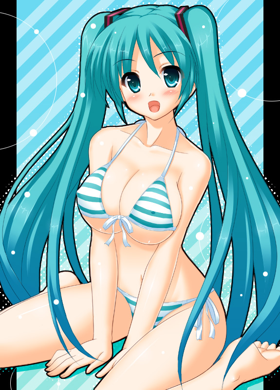 uehiro, hatsune miku, vocaloid, 1girl, aqua eyes, aqua hair, barefoot, bikini, blush, breasts, cleavage, feet, female focus, large breasts, long hair, open mouth, side-tie bikini bottom, sitting, solo, striped bikini, striped clothes, swimsuit, twintails