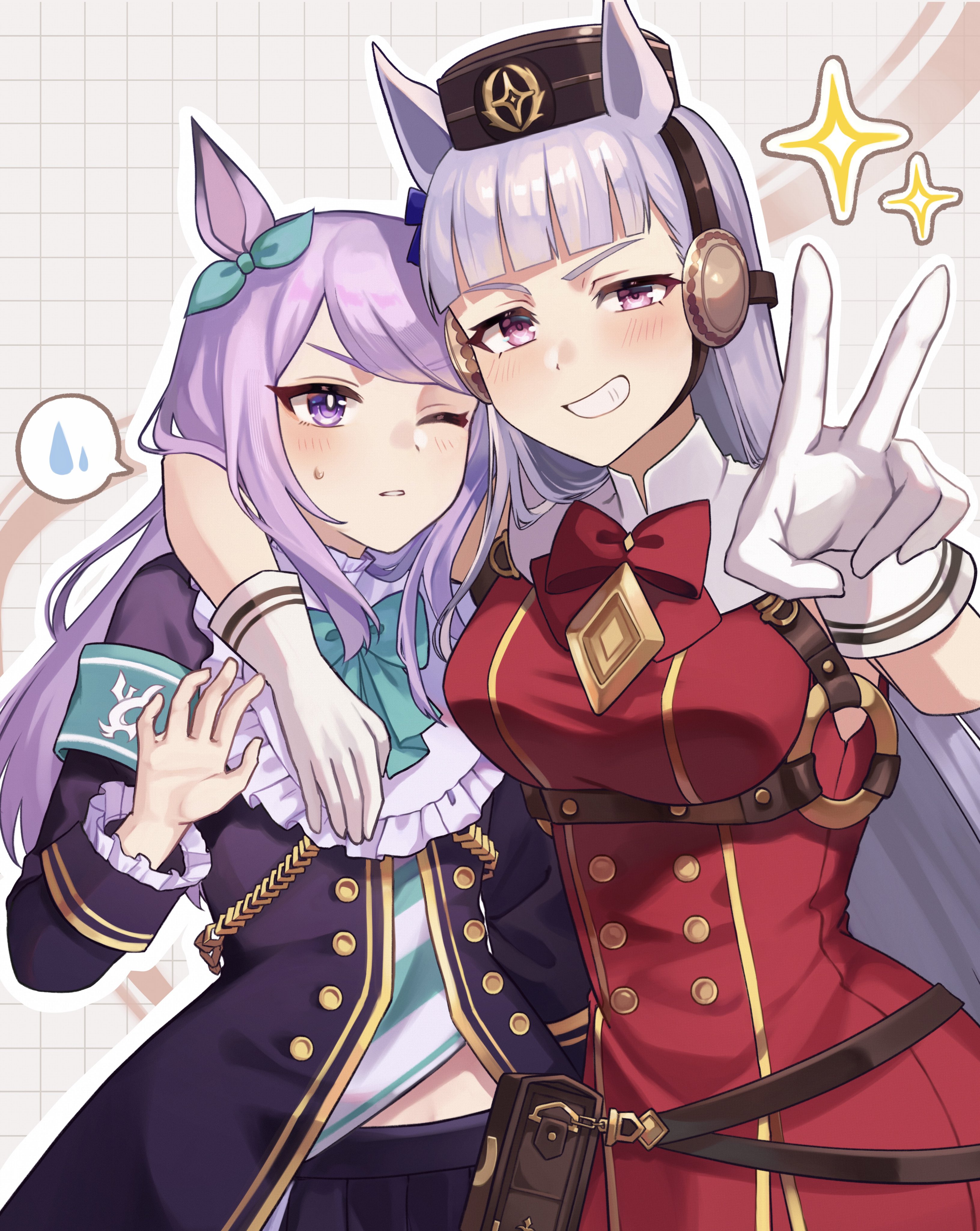 hiyo uma, gold ship (red strife) (umamusume), gold ship (umamusume), mejiro mcqueen (frontline elegance) (umamusume), mejiro mcqueen (umamusume), umamusume, absurdres, highres, 2girls, animal ears, arm around neck, armband, belt, black coat, black skirt, blue bow, blunt bangs, bow, bowtie, breasts, brown belt, buttons, coat, dress, ear bow, gloves, green armband, green bow, green bowtie, green shirt, grey hair, grid background, grin, horse ears, horse girl, large breasts, long hair, looking at viewer, multiple girls, one eye closed, parted lips, pillbox hat, pleated skirt, purple eyes, purple hair, red bow, red bowtie, red dress, shirt, skirt, sleeveless, sleeveless dress, smile, spoken sweatdrop, striped clothes, striped shirt, sweatdrop, two-tone shirt, v, white gloves, white shirt
