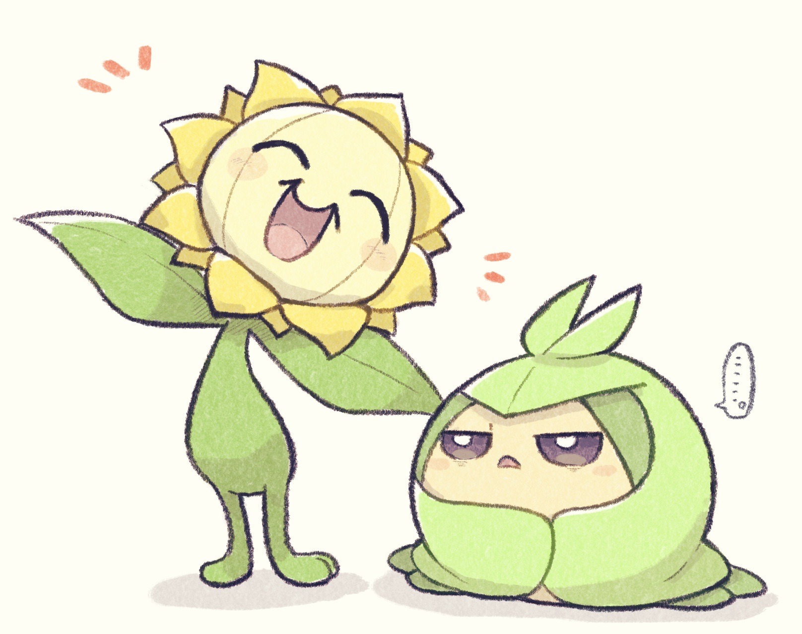 totennko, sunflora, swadloon, nintendo, pokemon, highres, …, artist name, blush, closed eyes, gen 2 pokemon, gen 5 pokemon, no humans, open mouth, pokemon (creature), signature, simple background, speech bubble, white background