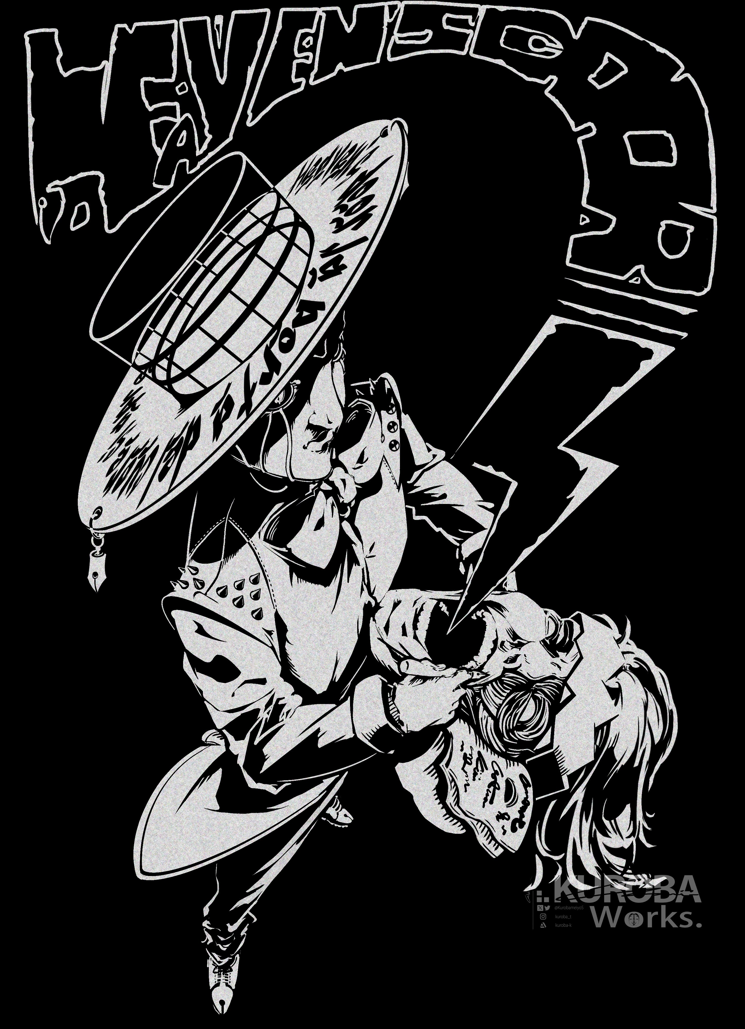 kurobameiyos, heaven's door, kishibe rohan, diamond wa kudakenai, jojo no kimyou na bouken, absurdres, commentary, english commentary, highres, 1boy, 1other, book, bow, bowtie, character name, from above, greyscale, hat, headband, horror (theme), instagram logo, instagram username, long coat, male focus, monochrome, nib pen (object), open mouth, pen, shoes, solo, stand (jojo), teeth, top hat, twitter username