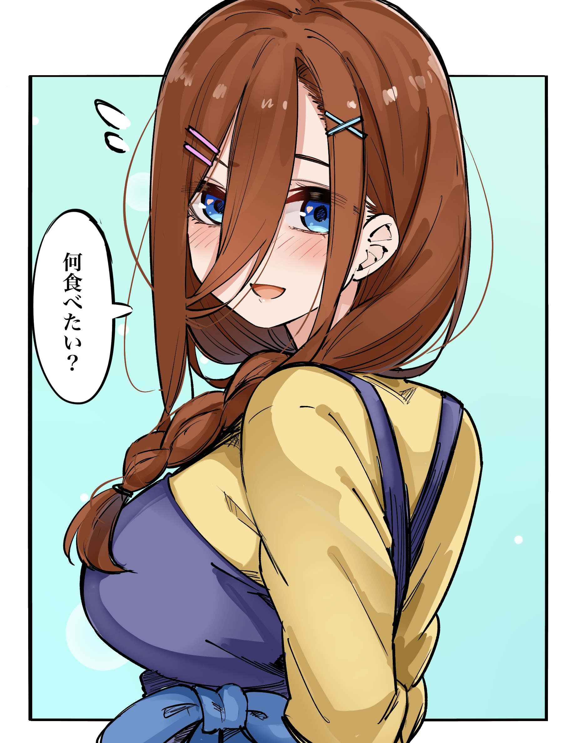 mame1645, nakano miku, go-toubun no hanayome, commentary request, highres, translation request, 1girl, apron, aqua background, blue eyes, blush, border, braid, breasts, brown hair, eyebrows hidden by hair, flying sweatdrops, hair ornament, hairclip, large breasts, looking at viewer, nervous smile, outside border, shirt, shy, smile, solo, speech bubble, white border