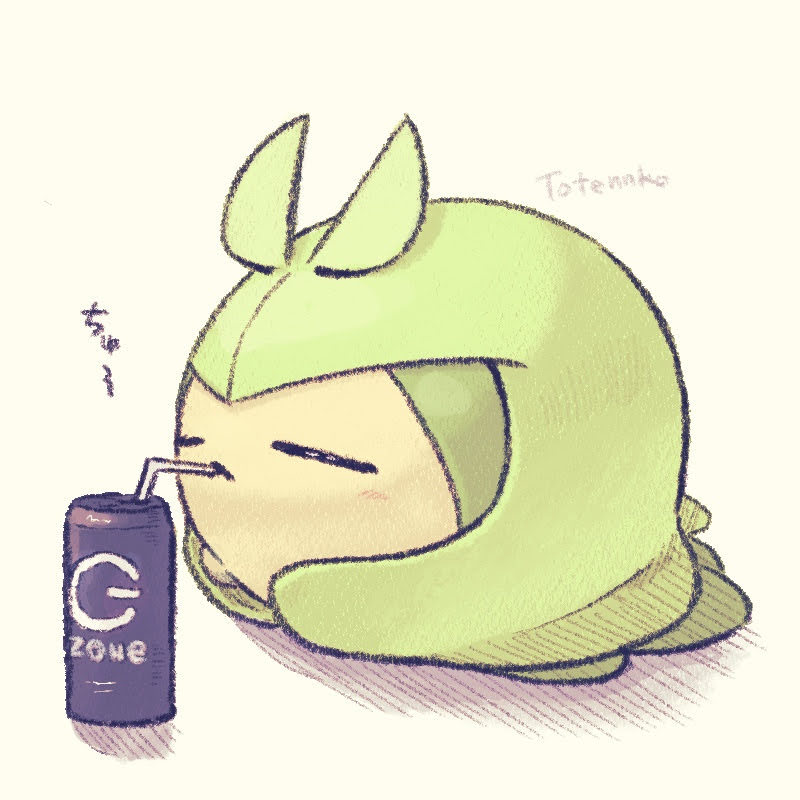 totennko, swadloon, nintendo, pokemon, translation request, can, closed eyes, drink can, drinking straw, gen 5 pokemon, no humans, pokemon (creature), signature, simple background, solo, white background