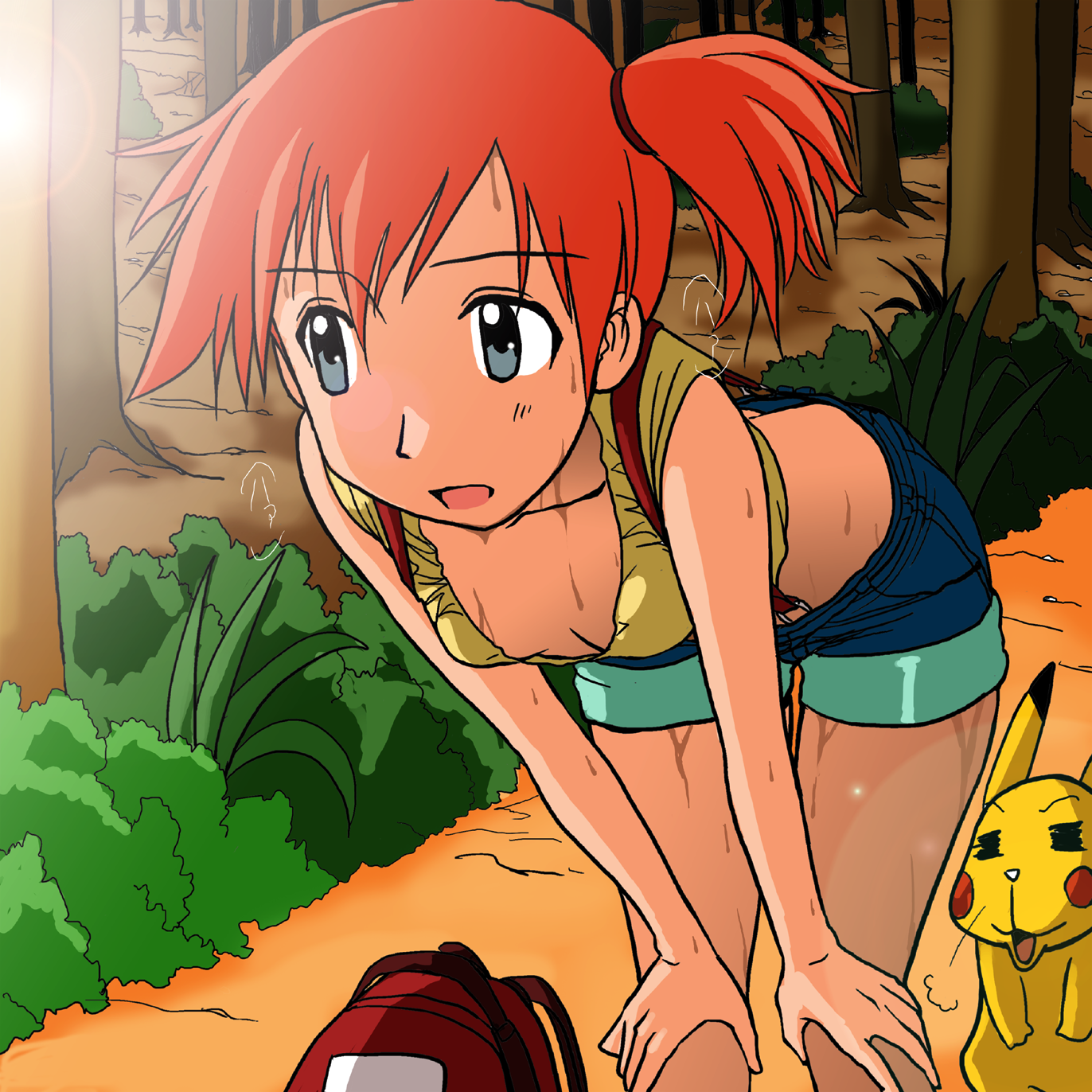 takaya n, misty (pokemon), pikachu, nintendo, pokemon, highres, 1girl, backpack, bag, bare shoulders, bent over, breasts, butt crack, denim, denim shorts, downblouse, gen 1 pokemon, grey eyes, midriff, pokemon (creature), randoseru, red hair, short hair, shorts, side ponytail, small breasts, suspenders, sweat, tree