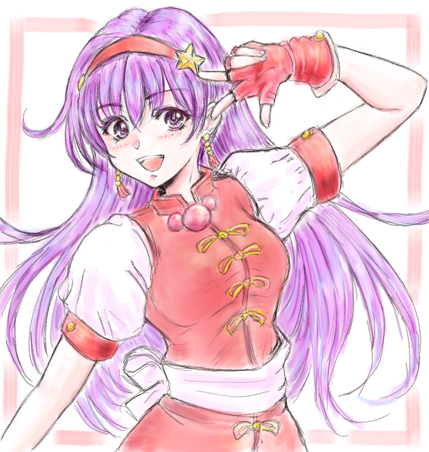 taka jade2, asamiya athena, the king of fighters, 1girl, :d, breasts, dress, earrings, female focus, fingerless gloves, gloves, hairband, hand up, jewelry, long hair, medium breasts, open mouth, pale skin, puffy short sleeves, puffy sleeves, purple eyes, purple hair, red dress, shirt, short sleeves, smile, smiley face, star (symbol)