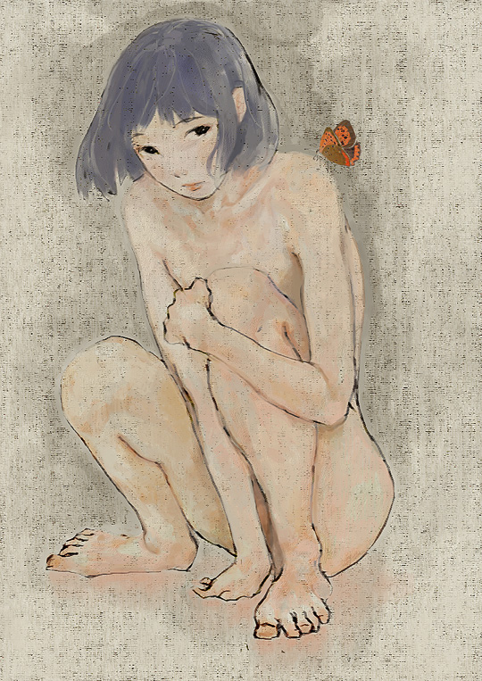kumaori jun, artistic nudity, barefoot, black eyes, black hair, bug, butterfly, feet, fine art parody, flat chest, hugging own legs, insect, nihonga, nude, parody, short hair, sitting, solo, squatting, ukiyo-e