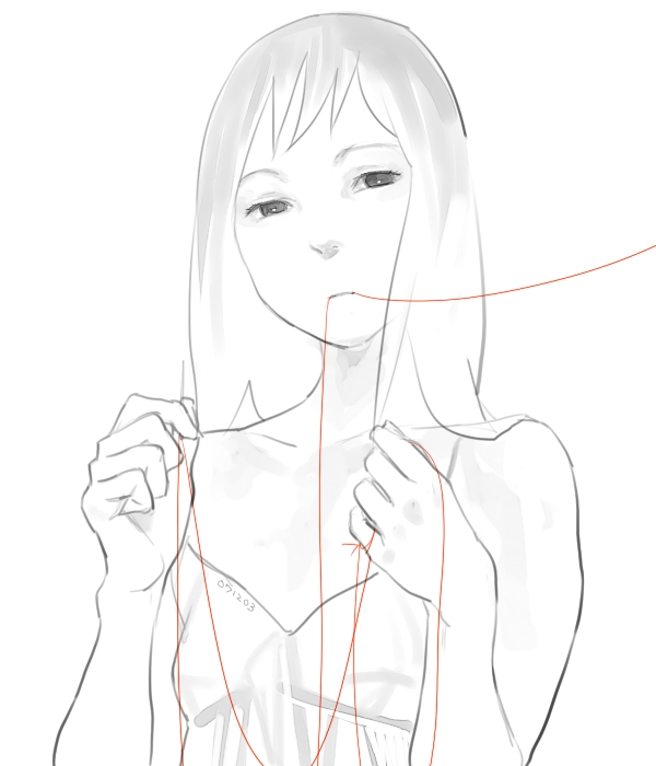 kumaori jun, 1girl, bare shoulders, dress, female focus, long hair, monochrome, mouth hold, solo, spot color, string, string of fate