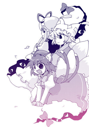 katana (artist), chen, yakumo ran, yakumo yukari, touhou, lowres, 3girls, ahoge, animal ears, animal hat, cat ears, cat girl, cat tail, earrings, female focus, fox tail, gap (touhou), hat, jewelry, long sleeves, mob cap, monochrome, multiple girls, multiple tails, purple theme, ribbon, short hair, tail, tassel, wide sleeves