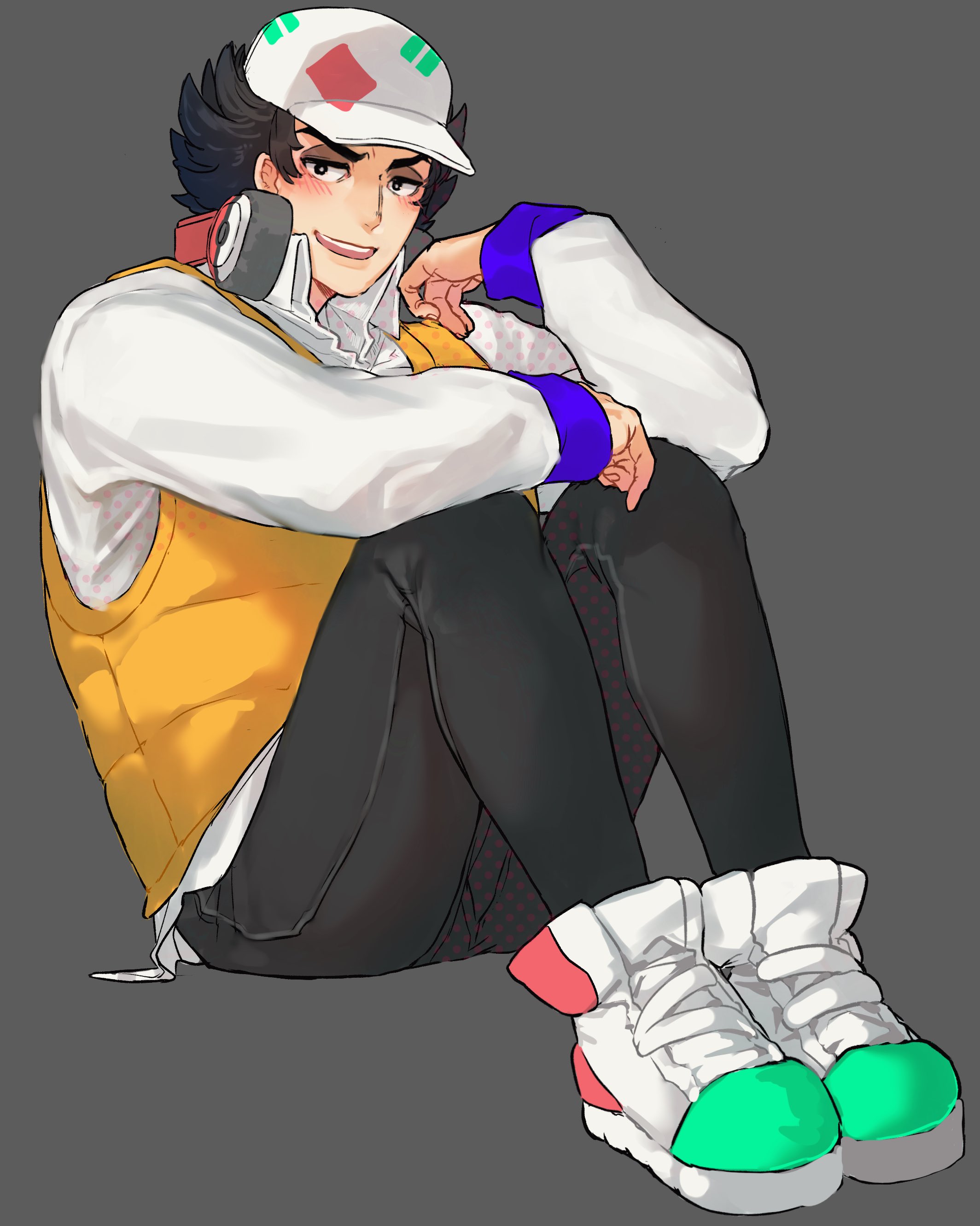 shiratori yokikana, giacomo (pokemon), nintendo, pokemon, pokemon sv, absurdres, commentary request, highres, 1boy, baseball cap, black hair, black pants, blush, collared shirt, full body, grey background, hat, headphones, headphones around neck, looking at viewer, male focus, pants, shirt, shoes, simple background, sitting, solo, white shirt, white shoes