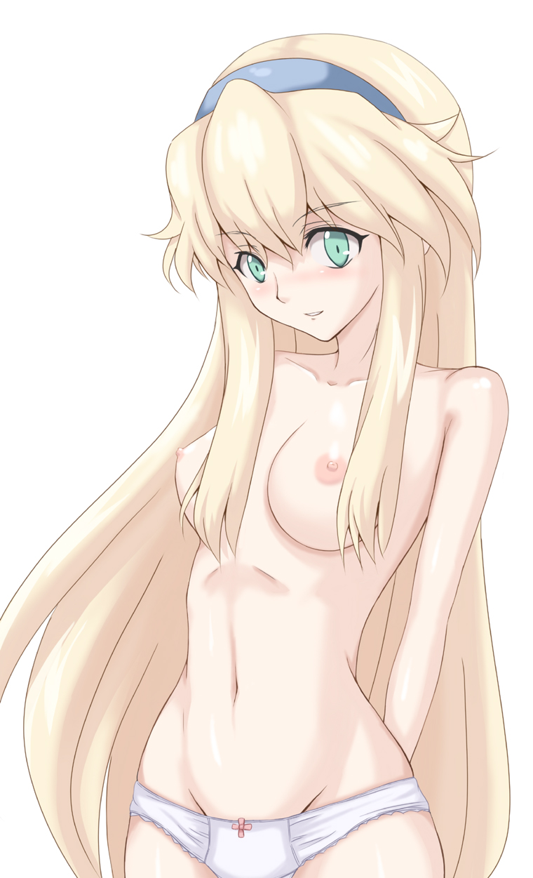 syou (crecre), clarissa arwin, wild arms, wild arms xf, highres, 1girl, blonde hair, breasts, female focus, green eyes, groin, hairband, long hair, nipples, panties, sidelocks, solo, topless female, underwear, white background, white panties