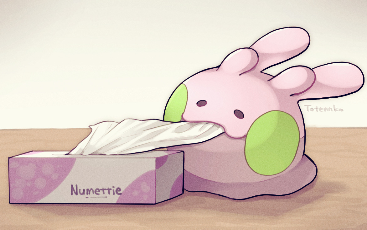 totennko, goomy, nintendo, pokemon, gen 6 pokemon, no humans, pokemon (creature), signature, simple background, solo, tissue box, white background
