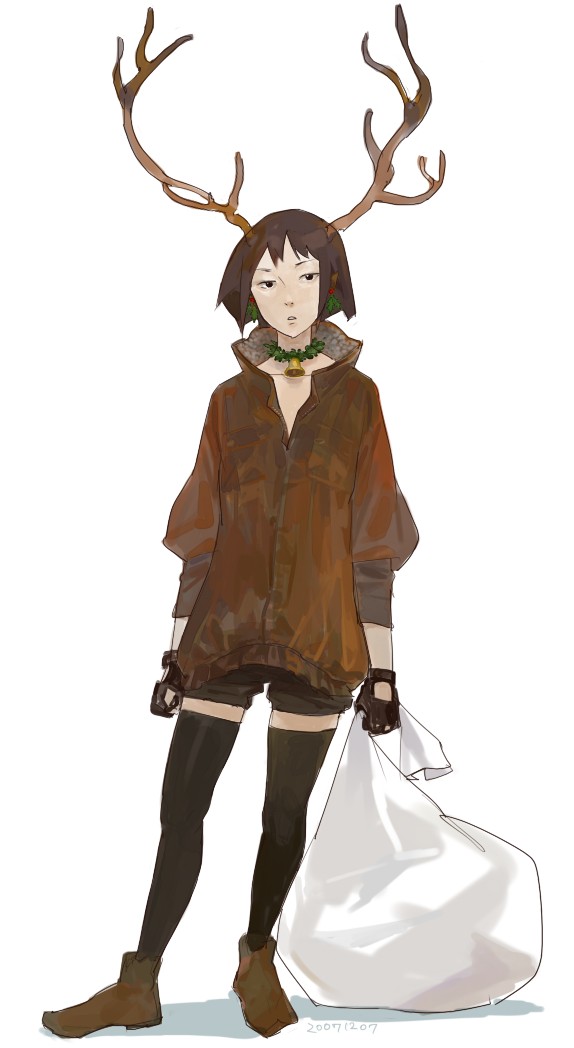 kumaori jun, original, antlers, bag, bell, black eyes, brown hair, christmas, coat, collar, earrings, fingerless gloves, gloves, horns, jewelry, neck bell, sack, short hair, shorts, solo, thighhighs