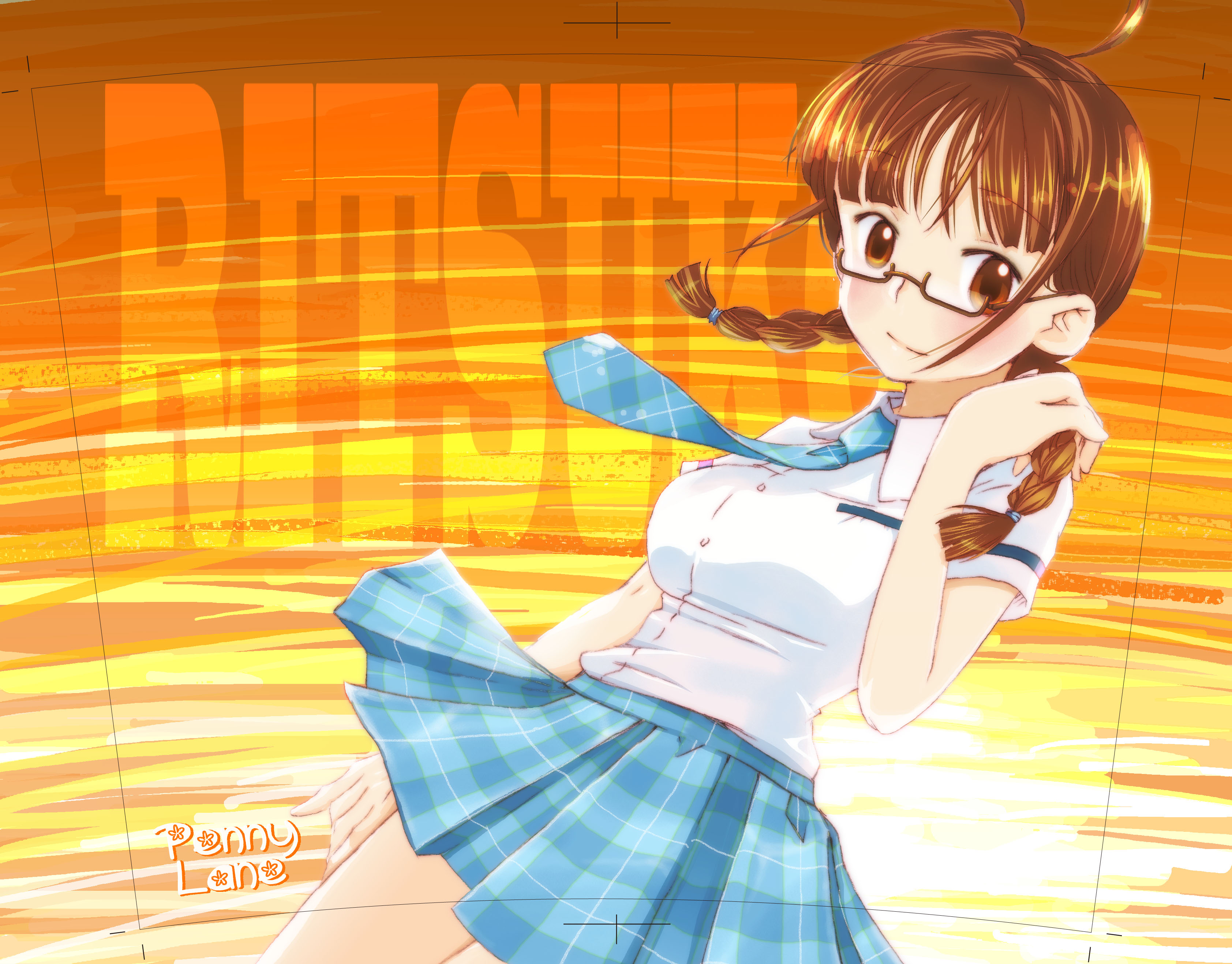 kawaizumi pome, akizuki ritsuko, idolmaster, idolmaster (classic), absurdres, highres, 00s, 1girl, antenna hair, blush, braid, brown eyes, brown hair, female focus, glasses, necktie, rough time school, school uniform, serafuku, skirt, solo, twin braids