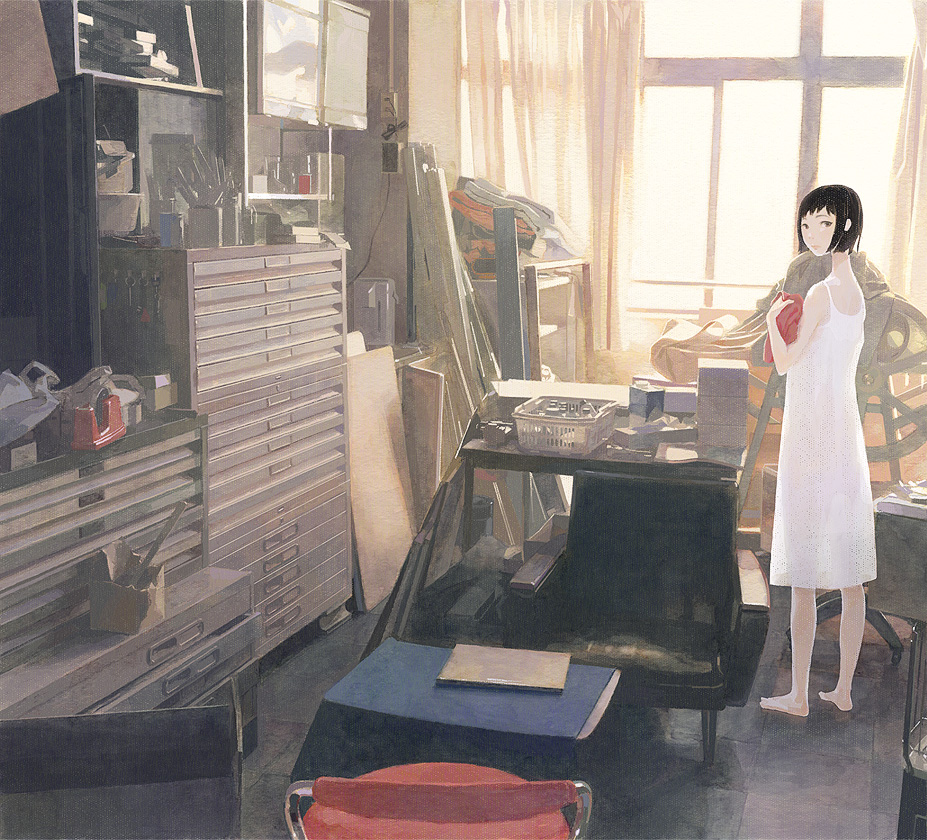 kumaori jun, bad id, bad pixiv id, 1girl, basket, black hair, brown eyes, chair, curtains, dress, female focus, indoors, looking back, petticoat, room, short hair, solo, table, toolbox, window