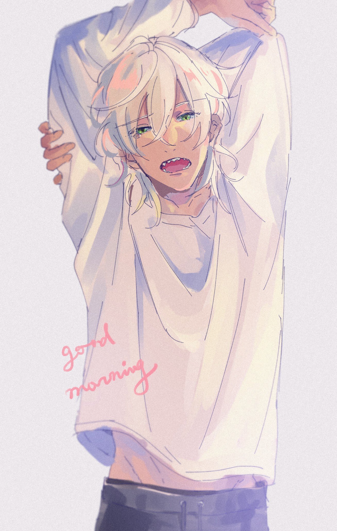 niiboshi reo, sarazanmai, highres, 1boy, black pants, blonde hair, good morning, long sleeves, male focus, messy hair, midriff peek, open mouth, pants, shaaark rotta03, sharp teeth, shirt, simple background, solo, stretching, teeth, upper body, white background, white shirt