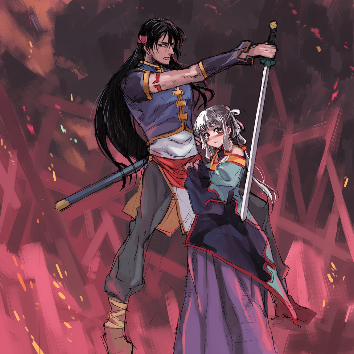 kno1, li xingke, tianzi, code geass, bad id, bad pixiv id, 00s, 1boy, 1girl, chinese clothes, creepy, horror (theme), tangzhuang