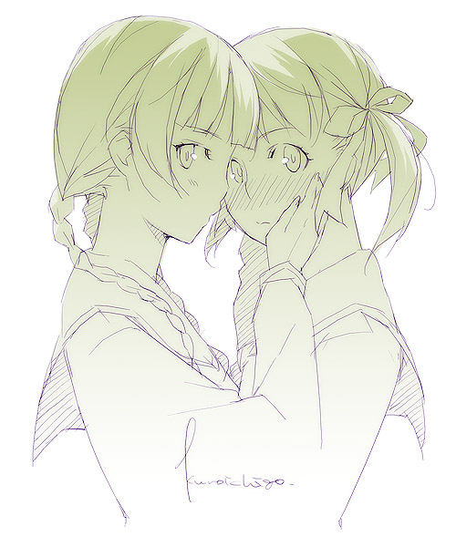 kyo (kuroichigo), fukuzawa yumi, shimazu yoshino, maria-sama ga miteru, 00s, 2girls, blush, bow, braid, green theme, hair bow, long hair, monochrome, multiple girls, school uniform, serafuku, short hair, simple background, sketch, twin braids, twintails, yuri