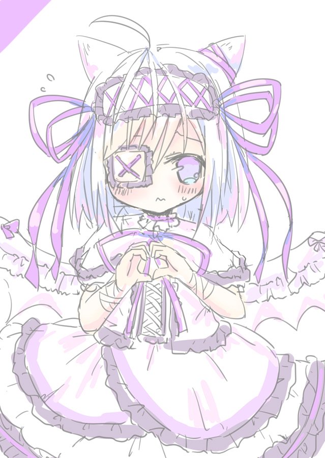 emil chronicle online, 1girl, ahoge, animal ears, bat wings, blush, capelet, dress, embarrassed, eyepatch, frilled capelet, frilled dress, frilled hairband, frills, hair ribbon, hairband, haruka8738, heart, heart hands, neck ribbon, purple eyes, purple ribbon, raised inner eyebrows, ribbon, solo, sweatdrop, white background, white capelet, white dress, white familiar alma, white hair, white hairband, white wings, wing ornament, wings
