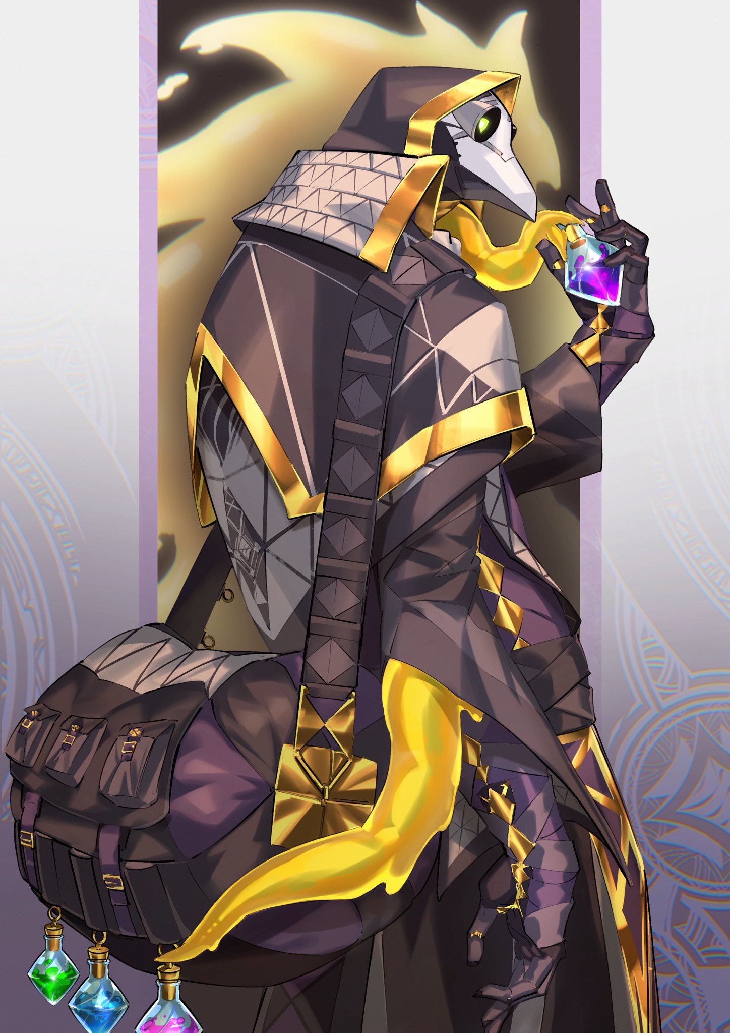 sonomi katsu (misodonnburi201), live a hero, commentary request, highres, 1boy, arm at side, black bag, black gloves, black pants, gloves, holding, holding vial, hood, hood up, looking at viewer, looking back, male focus, pants, plague doctor mask, solo, tentacles, theoreol (live a hero), vial