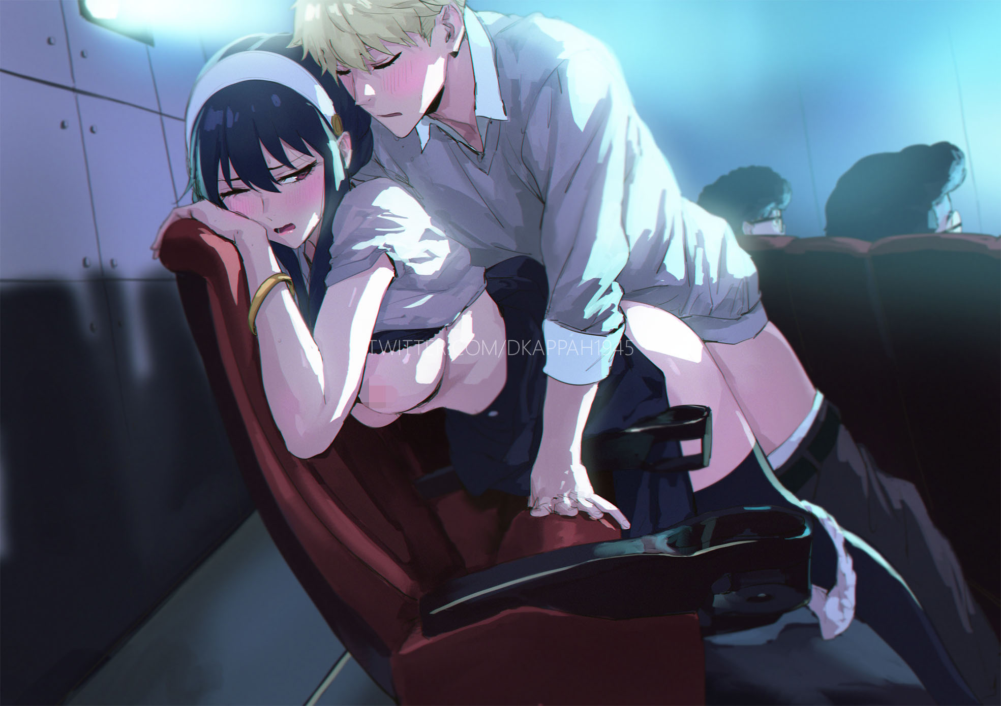spykeee, twilight (spy x family), yor briar, spy x family, commentary, english commentary, highres, 1girl, 3boys, bent over, black hair, blonde hair, breasts, clothes lift, hair bun, hairband, hetero, indoors, large breasts, movie theater, multiple boys, nipples, panties, panties around leg, red eyes, sex, sex from behind, shirt lift, short hair, standing, standing sex, stealth sex, theater seating, twitter username, underwear, white hairband