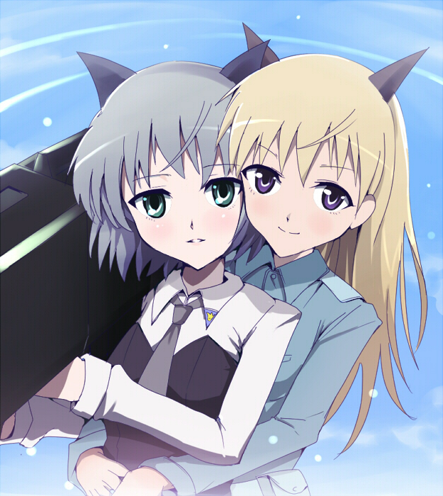 kasai shin, eila ilmatar juutilainen, sanya v. litvyak, strike witches, world witches series, 00s, 2girls, animal ears, blonde hair, cat ears, green eyes, grey hair, hug, multiple girls, necktie, purple eyes, rocket launcher, weapon