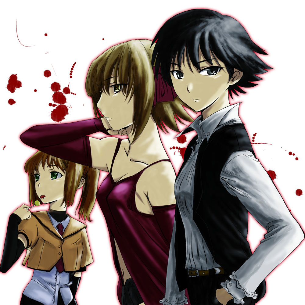cif, amami haruka, kikuchi makoto, takatsuki yayoi, idolmaster, idolmaster (classic), idolmaster 1, gender request, 00s, androgynous, belt, black eyes, black hair, blood, brown hair, camisole, candy, detached sleeves, dress shirt, food, green eyes, jacket, lollipop, looking back, midriff, necktie, reverse trap, shirt, short hair, stretching, tongue, twintails, vest