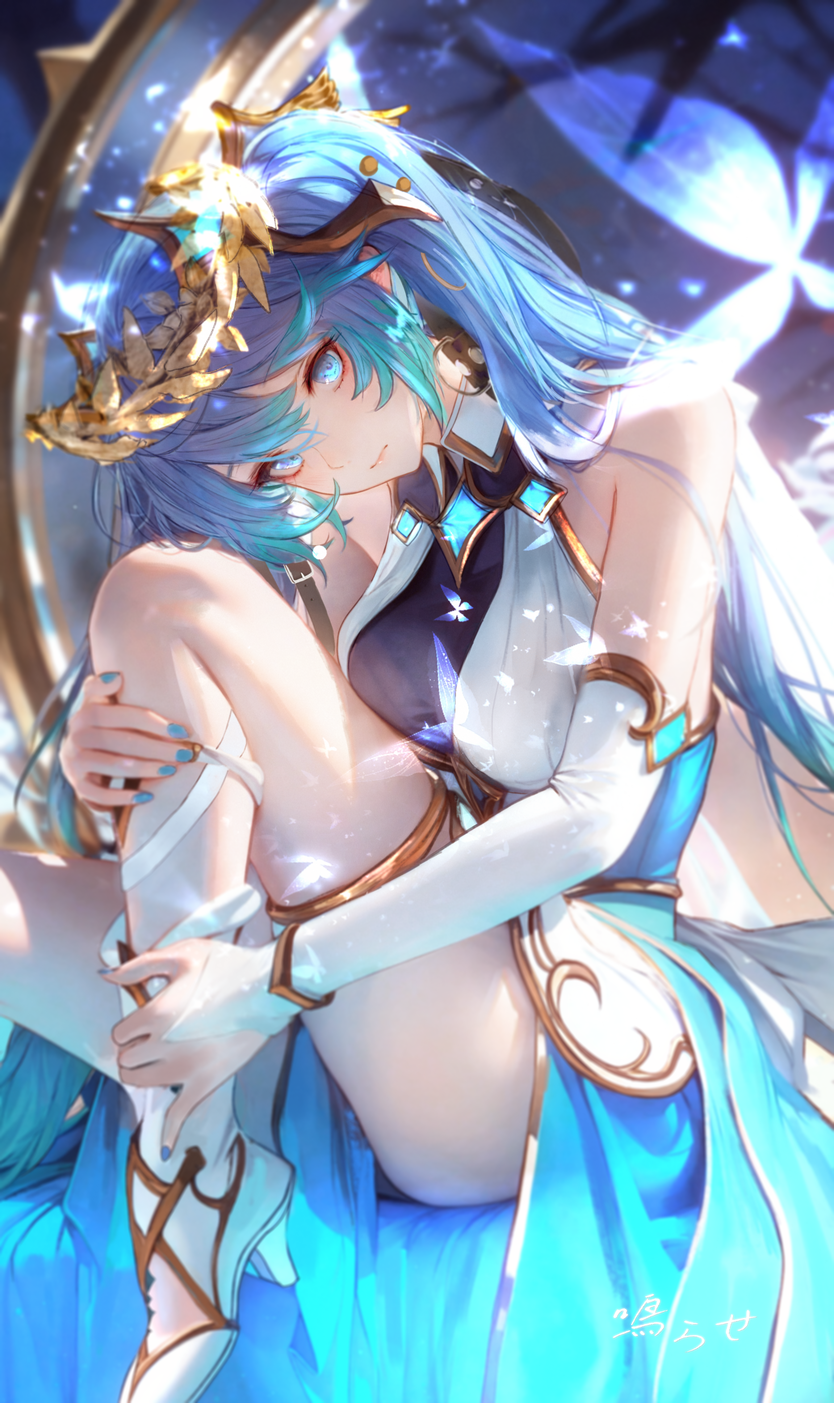 narase (ffrv5573), iuno (wuthering waves), wuthering waves, absurdres, commentary, highres, 1girl, alternate costume, bare shoulders, blue eyes, blue hair, blue nails, boots, breasts, closed mouth, dress, footwear cutout, jewelry, knee up, laurel crown, long hair, looking at viewer, medium breasts, nail polish, sitting, solo, tacet mark (wuthering waves), thighlet, thighs, twintails, white boots, white dress