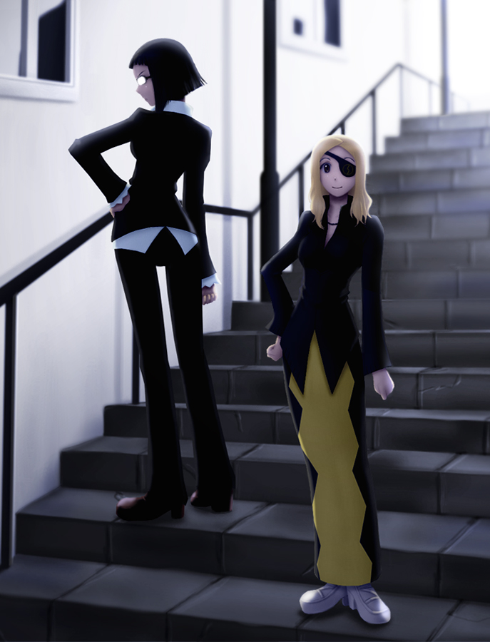 siraha, azusa yumi, marie mjolnir, soul eater, bad id, bad pixiv id, 00s, 2girls, black hair, blonde hair, eyepatch, formal clothes, glasses, long hair, looking back, multiple girls, pant suit, pants, pencil skirt, short hair, skirt, stairs, suit