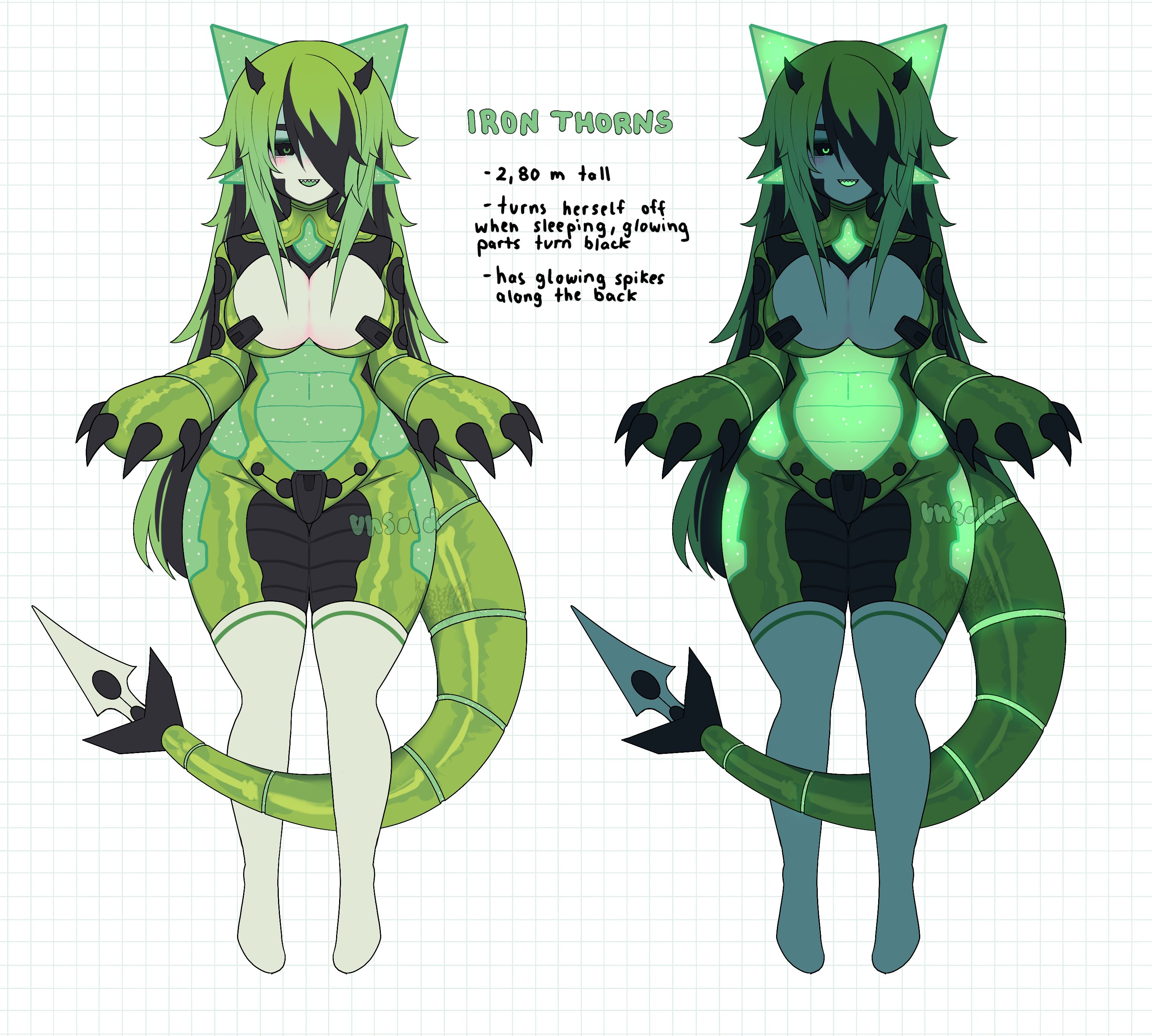 houndeater, original, absurdres, highres, 1girl, android, black hair, breasts, claws, colored skin, full body, green hair, green skin, horns, large breasts, monster girl, multicolored hair, nude, smile, thighhighs