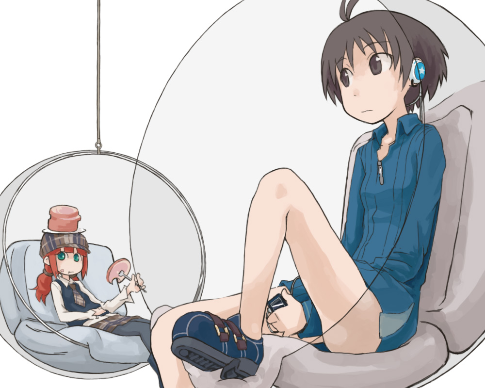tugeneko, kikuchi makoto, takatsuki yayoi, idolmaster, idolmaster (classic), idolmaster 1, 00s, antenna hair, ass, brown eyes, brown hair, casual, chair, digital media player, dress, earphones, eating, food, food on face, fork, green eyes, headphones, long hair, meat, necktie, no socks, object on head, pantyhose, plaid clothes, plaid skirt, red hair, short hair, skirt, tsugeneko, twintails, vest, zipper