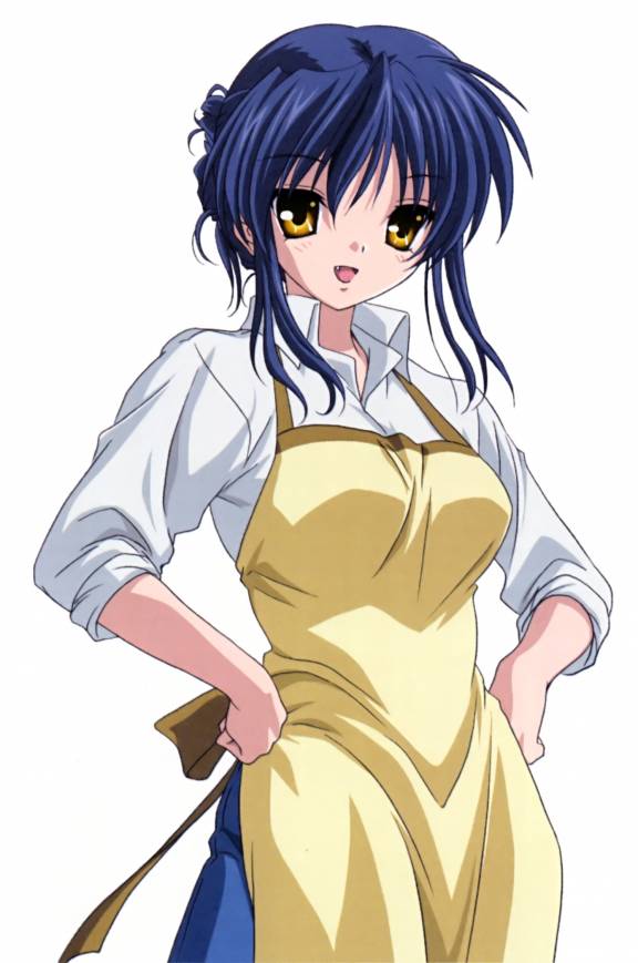 sagara misae, clannad, 00s, apron, blue hair, fang, fangs, sleeves rolled up, solo