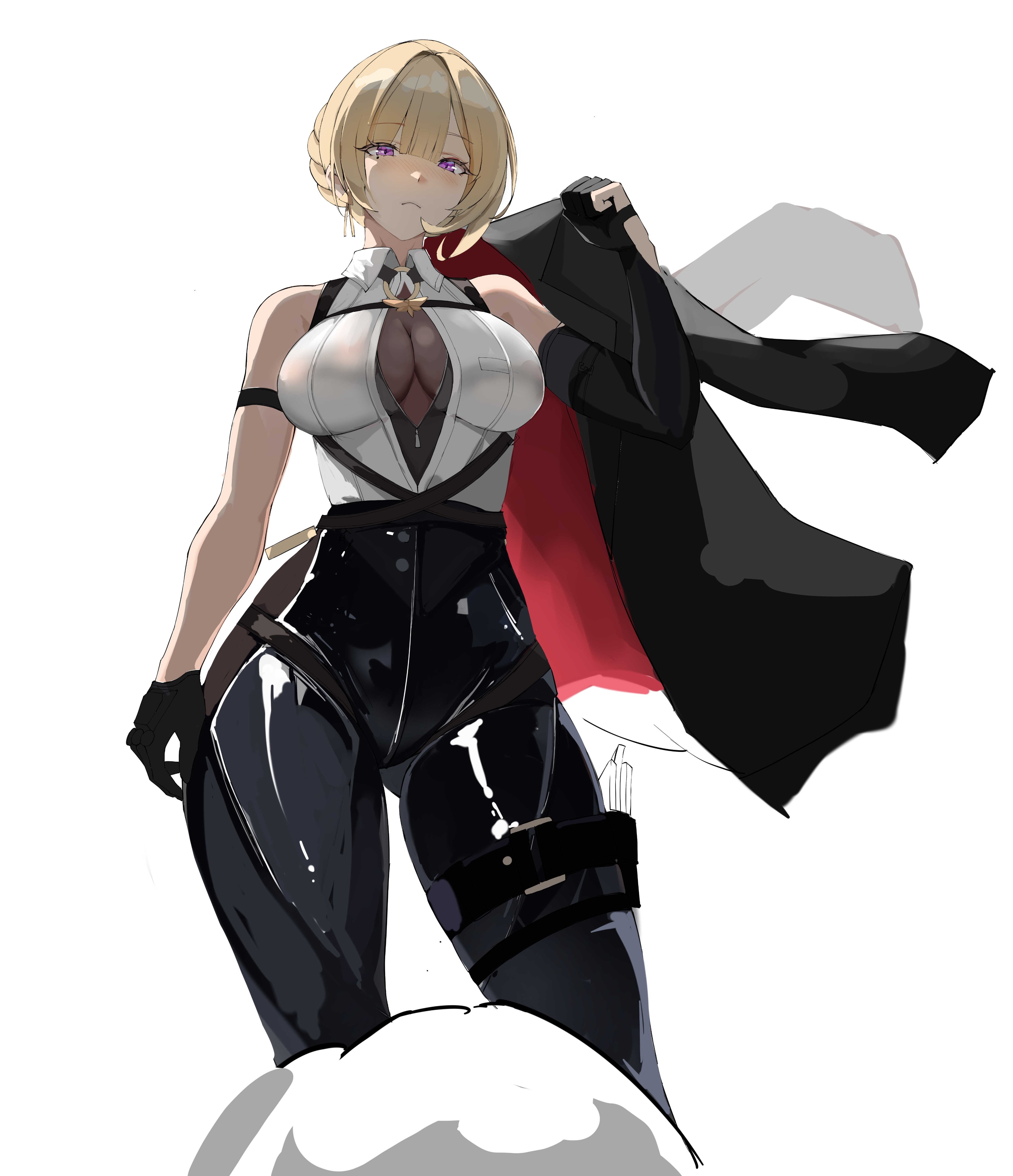 smurtz, evelyn chevalier, zenless zone zero, absurdres, highres, 1girl, arm strap, bare shoulders, belt, black coat, black pants, blonde hair, blush, bug, chest harness, coat, earrings, elbow gloves, from above, gloves, hair between eyes, half gloves, harness, high-waist pants, holding, holding coat, holding unworn clothes, insect, jewelry, latex pants, looking at viewer, moth, pants, purple eyes, see-through clothes, shirt, single elbow glove, single half glove, solo, standing, thigh belt, thigh strap, tight clothes, tight pants, unworn coat, white background, white shirt