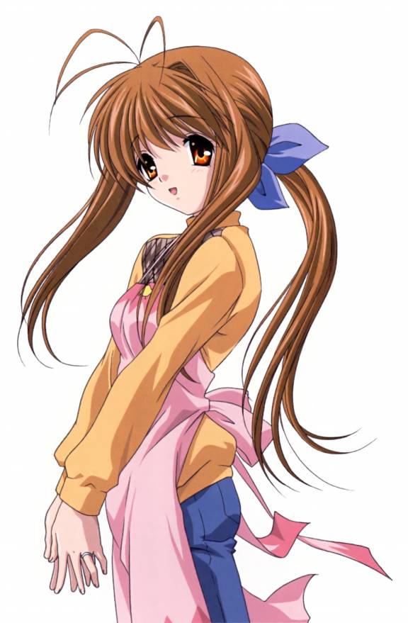 furukawa sanae, clannad, 00s, 1girl, ahoge, antenna hair, apron, brown hair, female focus, housewife, jewelry, long hair, mature female, ring, solo