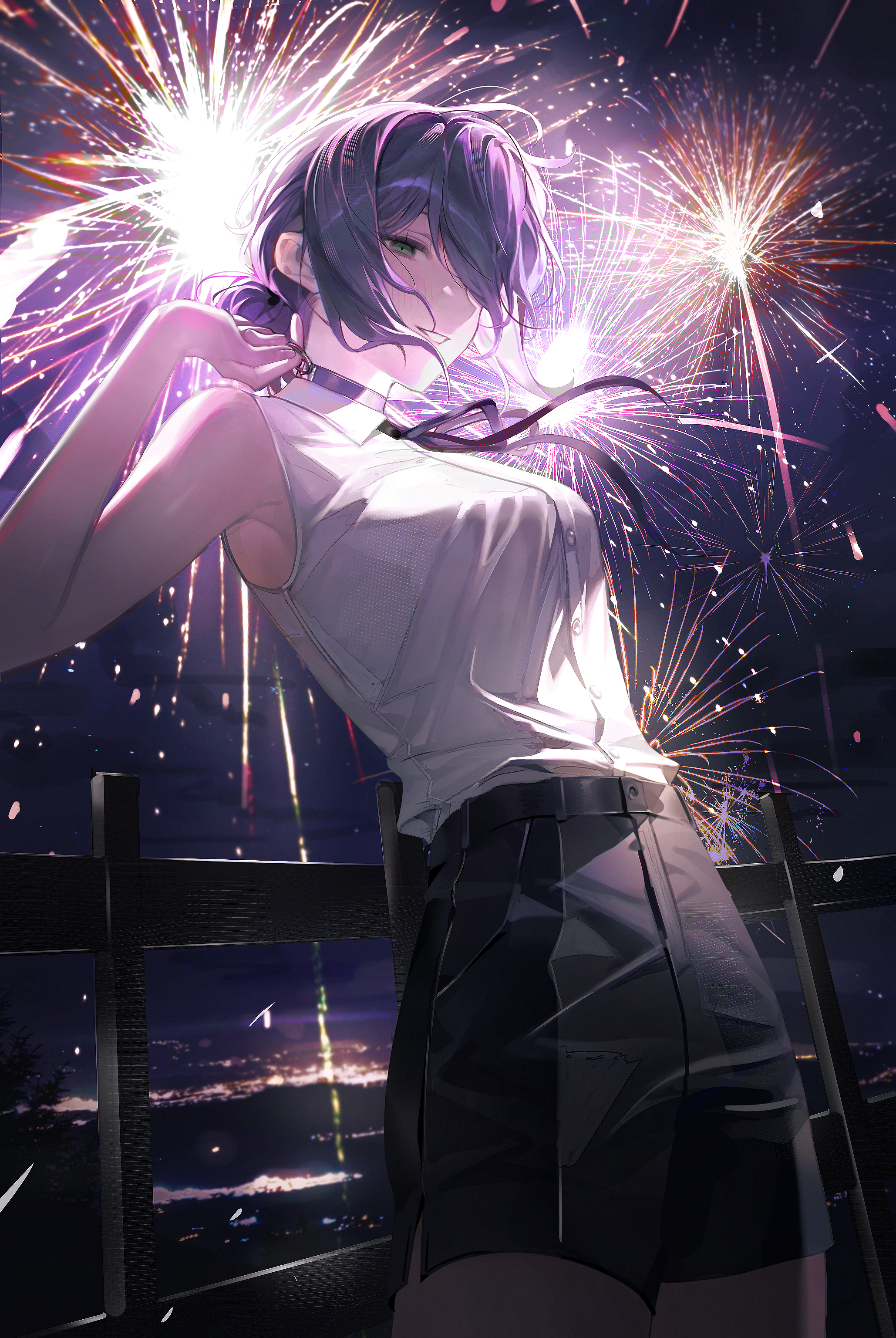 bab du 666, reze (chainsaw man), chainsaw man, absurdres, highres, 1girl, armpits, black choker, black ribbon, black shorts, breasts, choker, fireworks, grin, hair bun, handrail, high-waist shorts, looking at viewer, medium breasts, neck ribbon, one eye covered, purple hair, ribbon, shirt, shorts, sidelocks, sleeveless, sleeveless shirt, smile, solo, white shirt