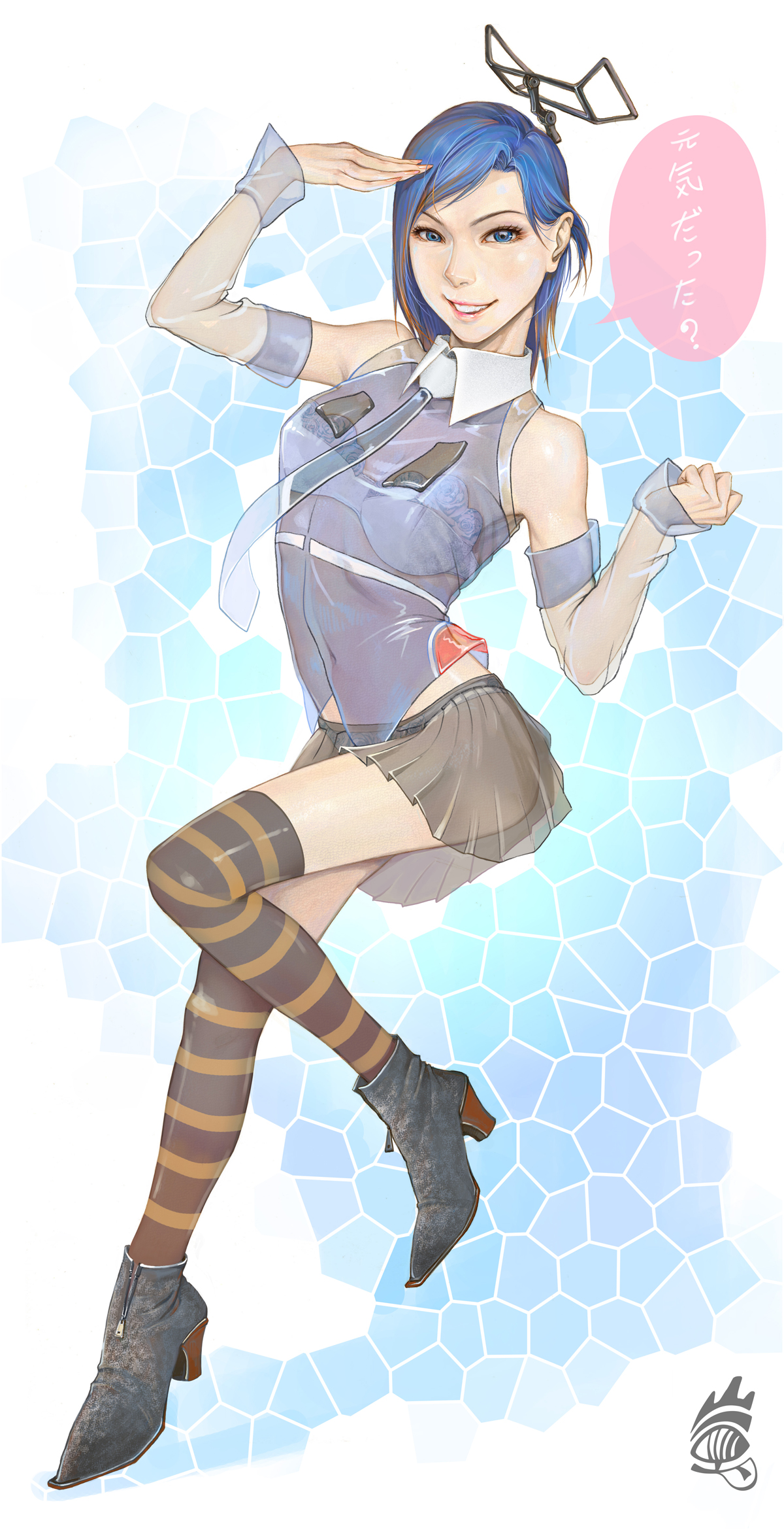 amatiz, bad id, bad pixiv id, highres, translated, antennae, bare shoulders, blue eyes, blue hair, boots, bra, collar, detached sleeves, lingerie, midriff, multicolored hair, necktie, panties, salute, see-through clothes, skirt, smile, solo, striped clothes, striped thighhighs, thighhighs, two-tone hair, underwear