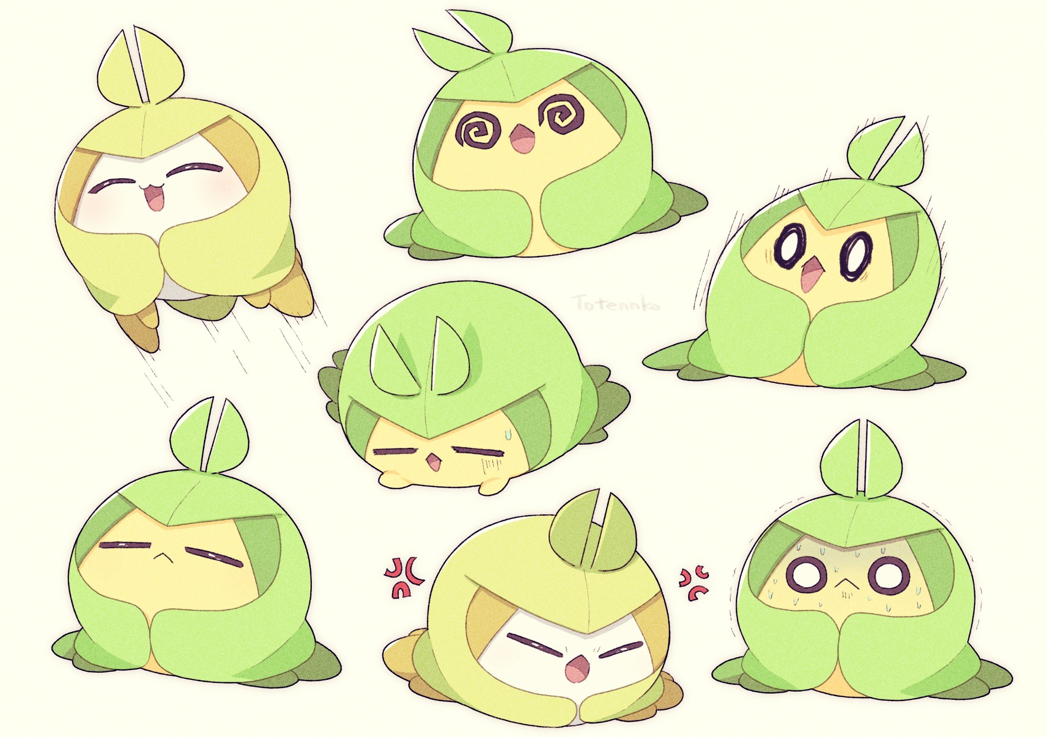 totennko, swadloon, nintendo, pokemon, highres, alternate color, anger vein, blush, closed eyes, gen 5 pokemon, looking at viewer, multiple views, no humans, open mouth, pokemon (creature), shiny pokemon, signature, simple background, white background
