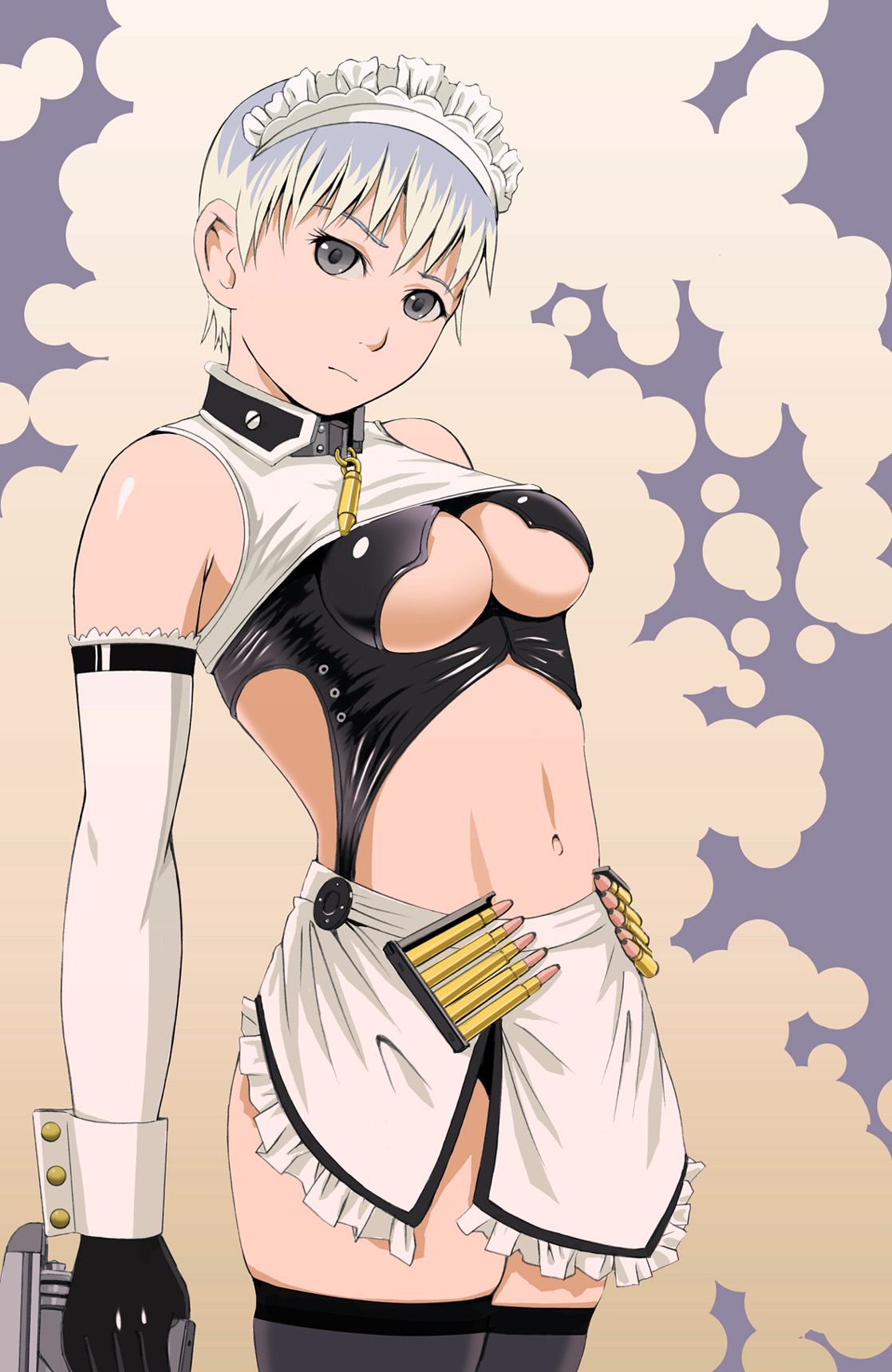 mimura kaoru, original, silver hair, highres, 1girl, breasts, cuffs, elbow gloves, female focus, gloves, grey eyes, gun, maid, medium breasts, navel, short hair, solo, thighhighs, underboob, weapon