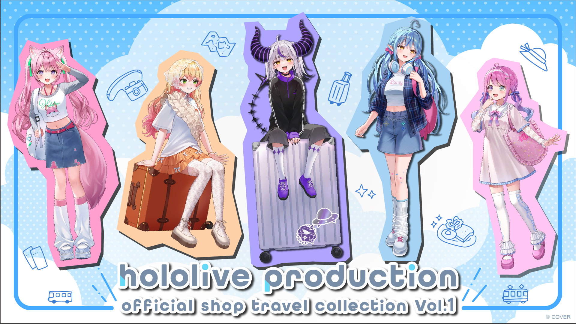hakui koyori, himemori luna, la+ darknesss, momosuzu nene, yukihana lamy, hololive, artist request, highres, official art, second-party source, 5girls, animal ears, belt, blonde hair, blue hair, blue skirt, demon girl, demon horns, demon tail, elf, english text, full body, gradient hair, green eyes, grey hair, hand up, headphones, headphones around neck, heterochromia, horns, jacket, leg warmers, long hair, long sleeves, looking at viewer, midriff, multicolored hair, multiple girls, navel, open clothes, open jacket, open mouth, orange skirt, pink belt, pink hair, pointy ears, purple hair, purple shoes, shirt, shoes, short sleeves, sitting, skirt, smile, socks, standing, streaked hair, tail, thighhighs, virtual youtuber, white leg warmers, white shirt, white shoes, white socks, white thighhighs, wolf ears, wolf girl, wolf tail, yellow eyes