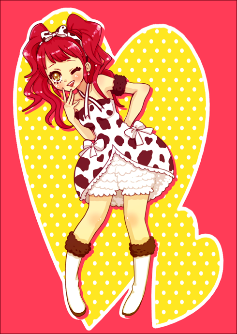 pinkmm, kugimiya rie, kujikawa rise, minase iori, atlus, idolmaster, idolmaster (classic), persona, persona 4, bad id, bad pixiv id, bloomers, boots, bow, brown eyes, cosplay, cute & girly (idolmaster), dress, frills, gyaru, hair bow, hime gyaru, minase iori (cosplay), monochrome spot (idolmaster), one eye closed, red hair, ribbon, solo, twintails, underwear, voice actor connection, white bloomers, wink