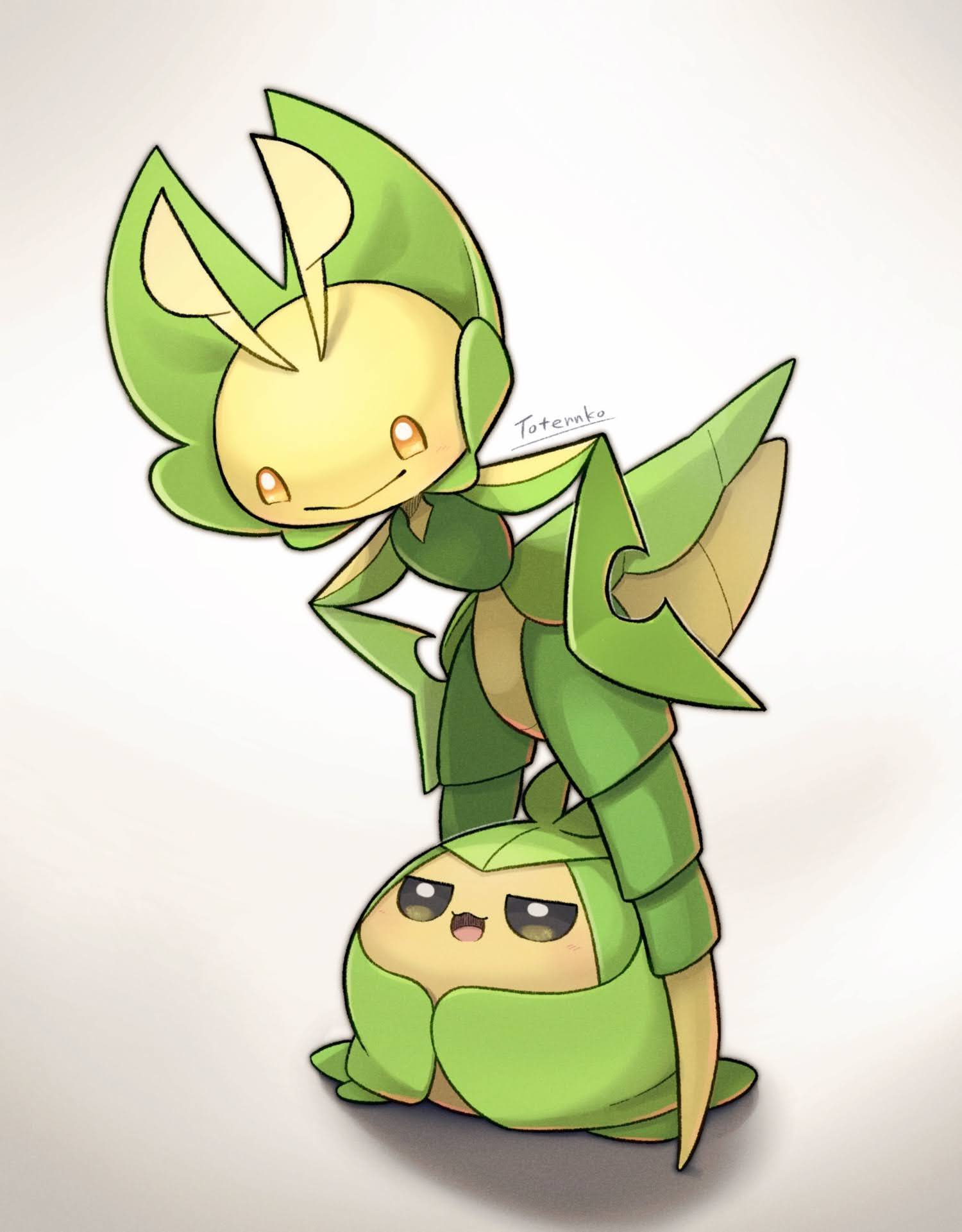 totennko, leavanny, swadloon, nintendo, pokemon, highres, antennae, artist name, gen 5 pokemon, looking at another, looking at viewer, no humans, open mouth, pokemon (creature), signature, simple background, white background
