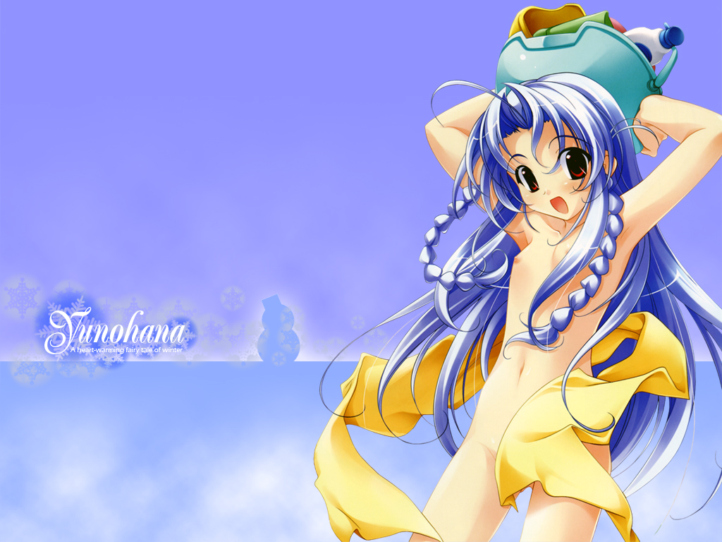 fujiwara warawara, yunoha, yunohana, non-web source, 1girl, ahoge, armpits, arms up, blue hair, blush, braid, breasts, female focus, flat chest, long hair, looking at viewer, navel, nipples, object on head, open mouth, red eyes, smile, solo, towel, towel slip, twin braids, wardrobe malfunction