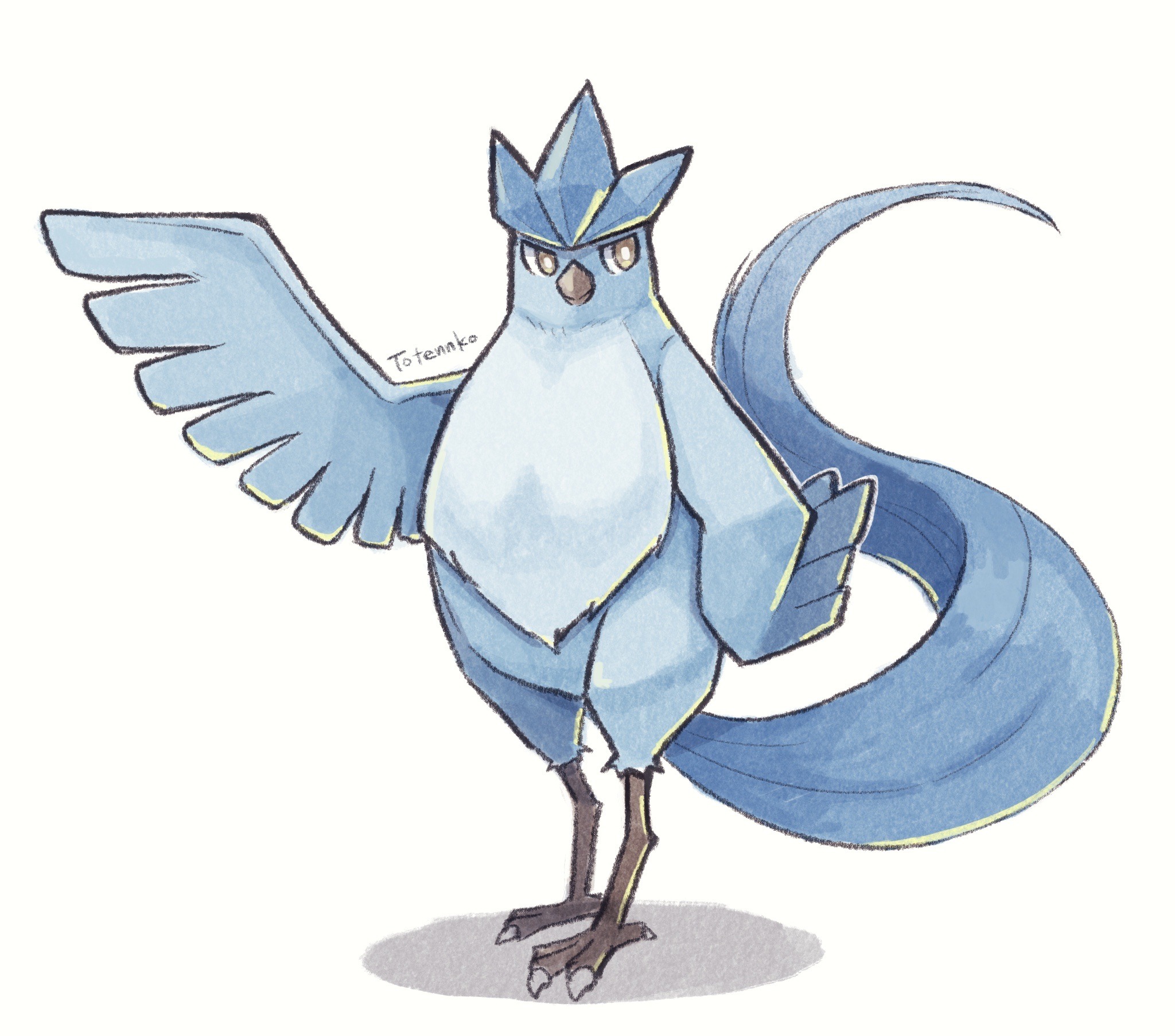 totennko, articuno, nintendo, pokemon, highres, artist name, bird, gen 1 pokemon, legendary pokemon, looking at viewer, no humans, pokemon (creature), signature, simple background, solo, white background
