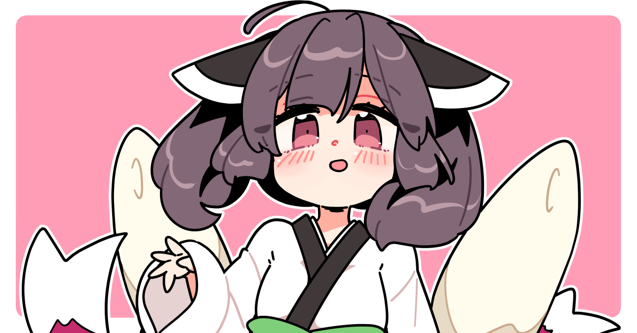 ini (inunabe00), touhoku kiritan, voiceroid, 1girl, :d, ahoge, blush, border, brown hair, hand up, headgear, japanese clothes, kimono, kiritanpo (food), long sleeves, looking at viewer, medium hair, open mouth, outline, outside border, pink background, red eyes, simple background, smile, solo, upper body, white border, white kimono, white outline, wide sleeves