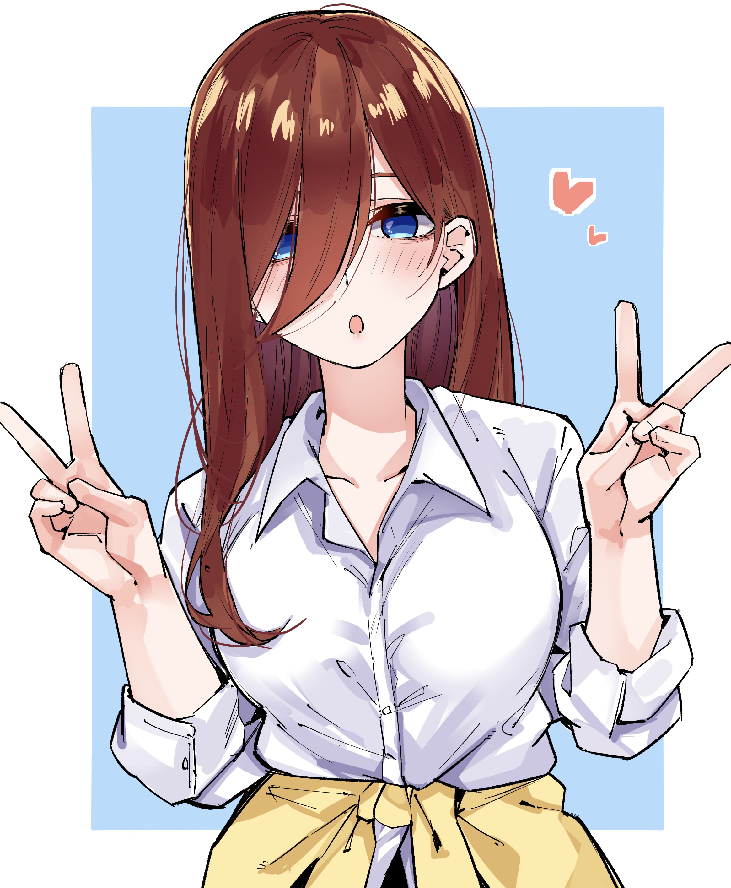 mame1645, nakano miku, go-toubun no hanayome, absurdres, commentary request, highres, 1girl, :o, bags under eyes, blue eyes, blush, breasts, brown hair, cardigan, cardigan around waist, clothes around waist, collarbone, double v, hair between eyes, hair over one eye, heart, large breasts, looking at viewer, open collar, school uniform, shirt, simple background, sleeves rolled up, solo, two-tone background, v, white shirt, yellow cardigan