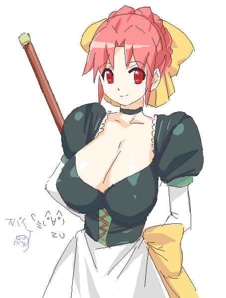 potato house, breasts, broom, choker, cleavage, huge breasts, maid, pink hair, red eyes, sketch