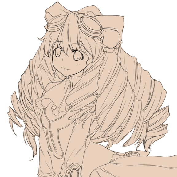rokuichi, maria balthasar, xenogears, 1girl, ascot, bow, dress, drill hair, female focus, goggles, hair bow, long hair, monochrome, simple background, smile, solo