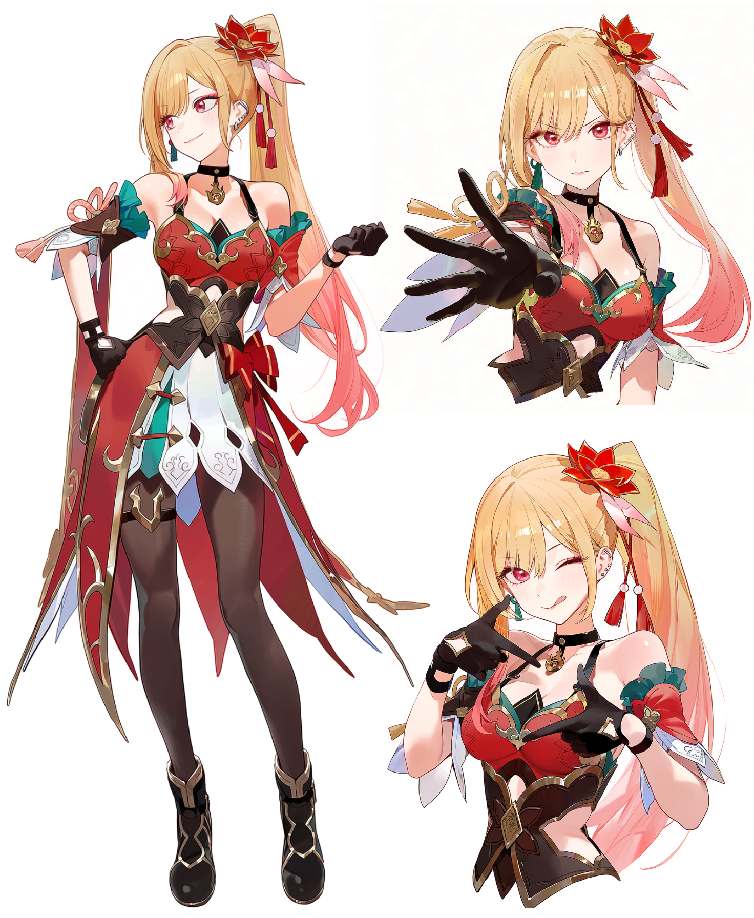 drowsy sheep, guinaifen (honkai: star rail), kitagawa marin, suguta hina, honkai: star rail, honkai (series), sono bisque doll wa koi wo suru, highres, 1girl, :p, black choker, black gloves, black shoes, blonde hair, blush, brown pantyhose, choker, clenched hand, closed mouth, cosplay, double finger gun, dress, ear piercing, earrings, finger gun, flower, gloves, gradient hair, guinaifen (honkai: star rail) (cosplay), hair flower, hair ornament, hand on own hip, hand up, high heels, high side ponytail, jewelry, long hair, looking ahead, looking at viewer, looking to the side, multicolored hair, multiple views, one eye closed, outstretched hand, pantyhose, pendant choker, piercing, pink hair, pink lips, red dress, red eyes, red flower, shoes, side ponytail, simple background, smile, solo focus, tongue, tongue out, voice actor connection, white background